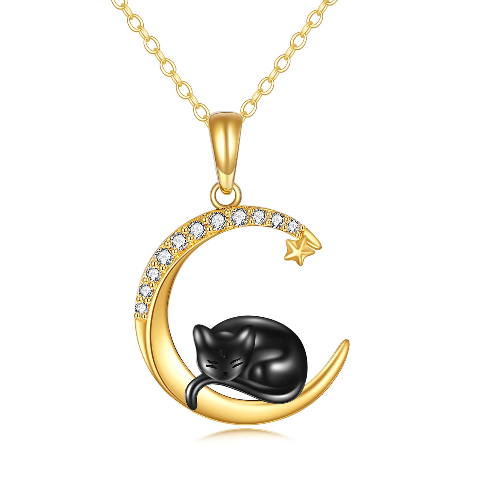 14K Real Gold Cat Necklace - Delicate Yellow Gold Crescent Moon Black Cat Pendant Jewelry for Women, Cat Lovers | Perfect Gift for Birthday, Anniversary & Everyday Wear