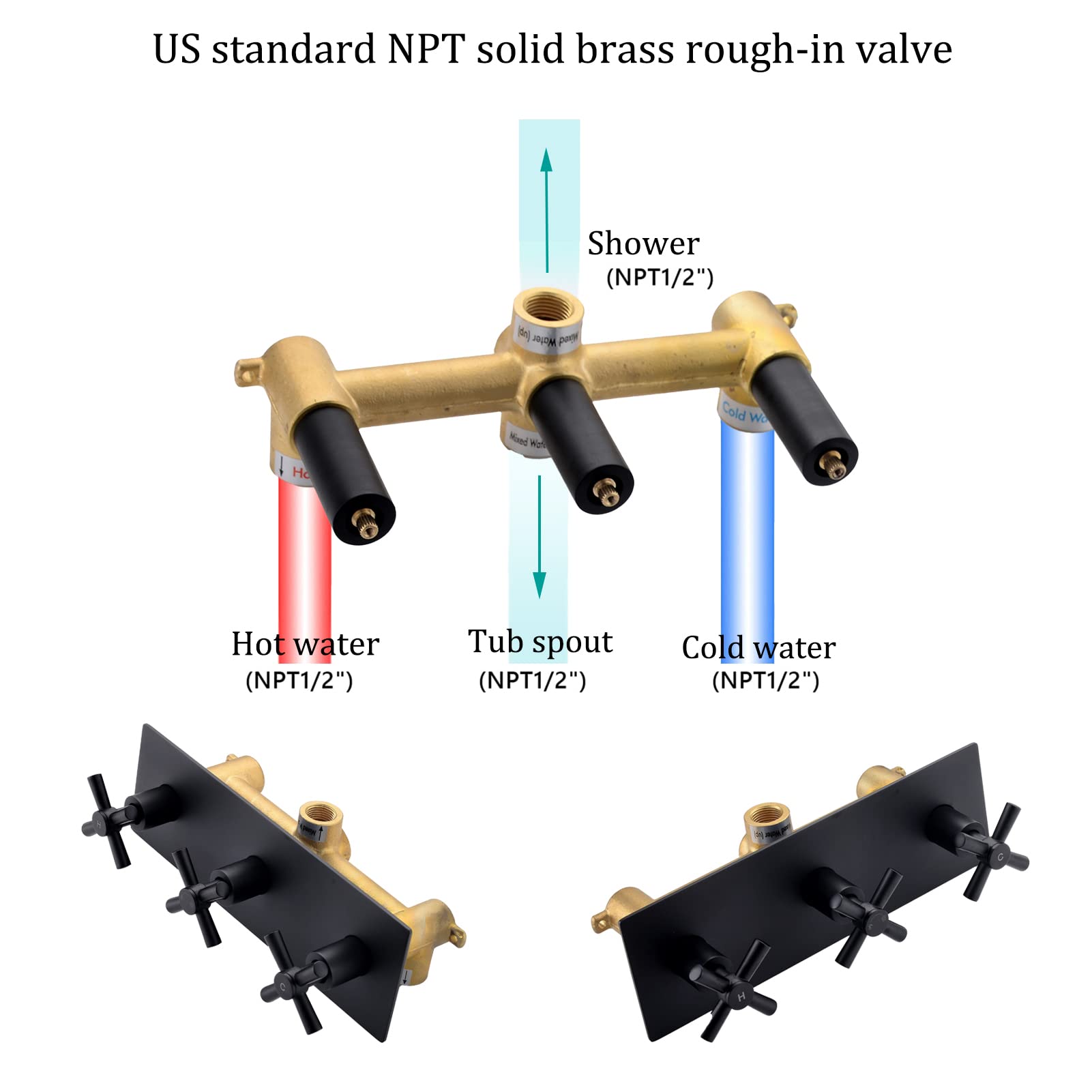 Matte Black 3-Handle Tub and Shower Faucet Set with Knobs - Complete Bathroom Fixture for Bathtub and Shower Installation | Perfect for Modern Home Renovation and Bathroom Upgrades