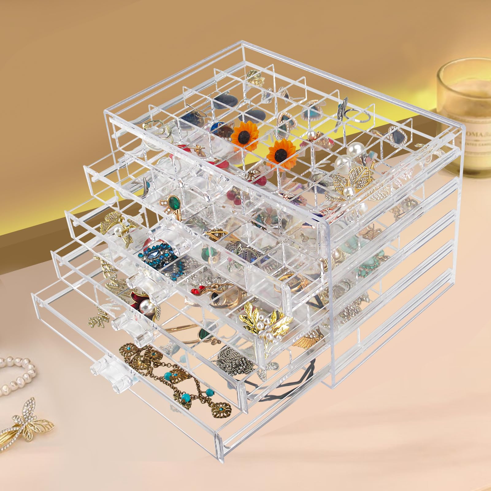 5-Drawer Acrylic Jewelry Organizer Box - Clear Jewelry Storage Case for Women, Girls & Men - Perfect for Necklaces, Rings, Earrings & Bracelets Organization at Home or Travel