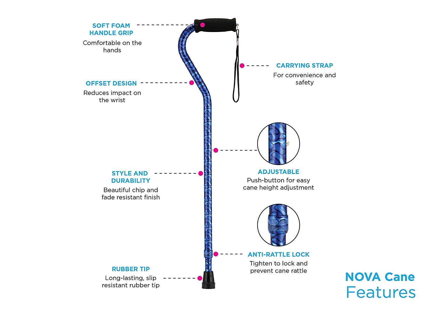 Premium Adjustable Walking Cane with Ergonomic Offset Handle - Lightweight Aluminum Mobility Aid with Carrying Strap (Blue) - Ideal for Seniors, Hiking & Everyday Support