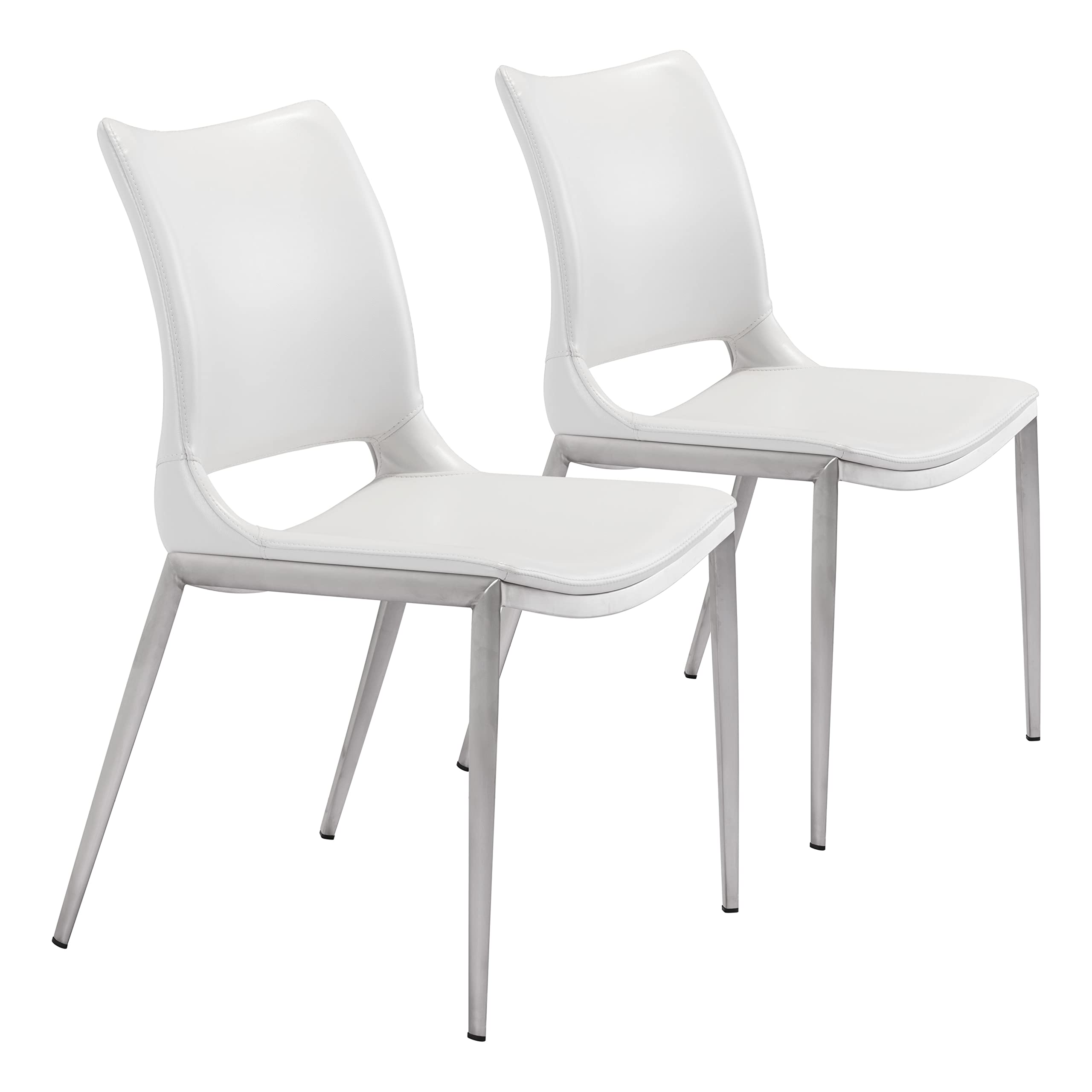 Ace Modern Dining Chairs (Set of 2) - White & Silver Metal Frame - Comfortable Kitchen Chairs for Dining Room, Breakfast Nook, or Small Space