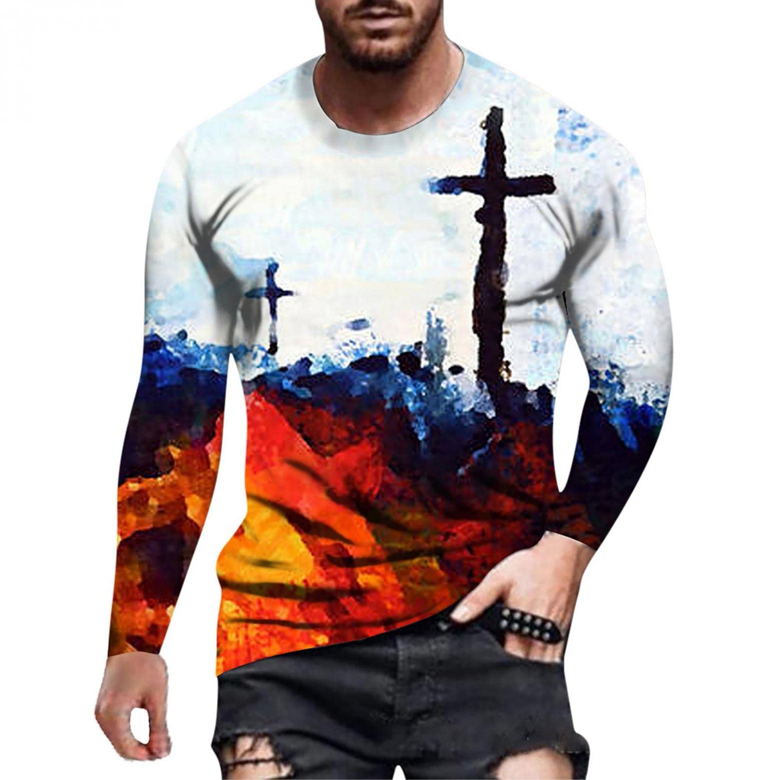 XXBR Men's Long Sleeve T-Shirt - Faith Jesus Cross Print Crewneck Athletic Shirt for Workout & Streetwear | Casual Fall Fashion, Church Outfits & Gym Wear