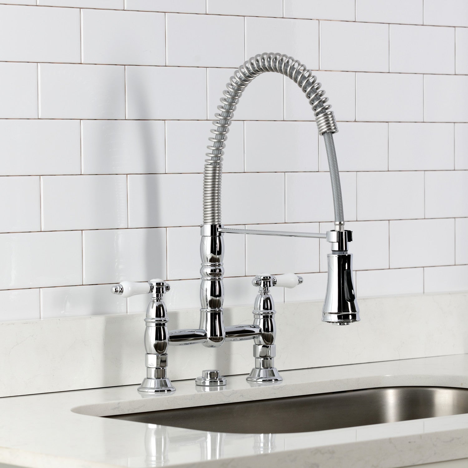 Bel Air GS1271BPL Double Handle 2 Hole Deck Mount Pre Rinse Bridge Kitchen Faucet in Polished Chrome - Perfect for Commercial Kitchens, Restaurants, and Heavy-Duty Home Use