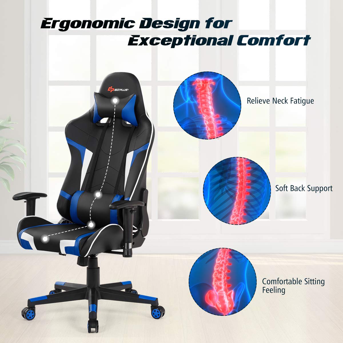 Goplus Ergonomic Gaming Chair - High Back PU Leather Office Chair with Adjustable Arms, Headrest & Massage Function for Computer, Racing & Executive Use - Perfect for Home Office, Gaming Setup & Workstation