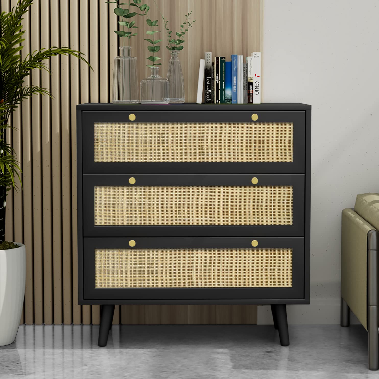 Modern Black Wood Dresser with 3 Drawers & Rattan Accents - Spacious Storage Chest for Bedroom & Living Room | Perfect for Organizing Clothes, Linens & Home Decor (Model H0075)