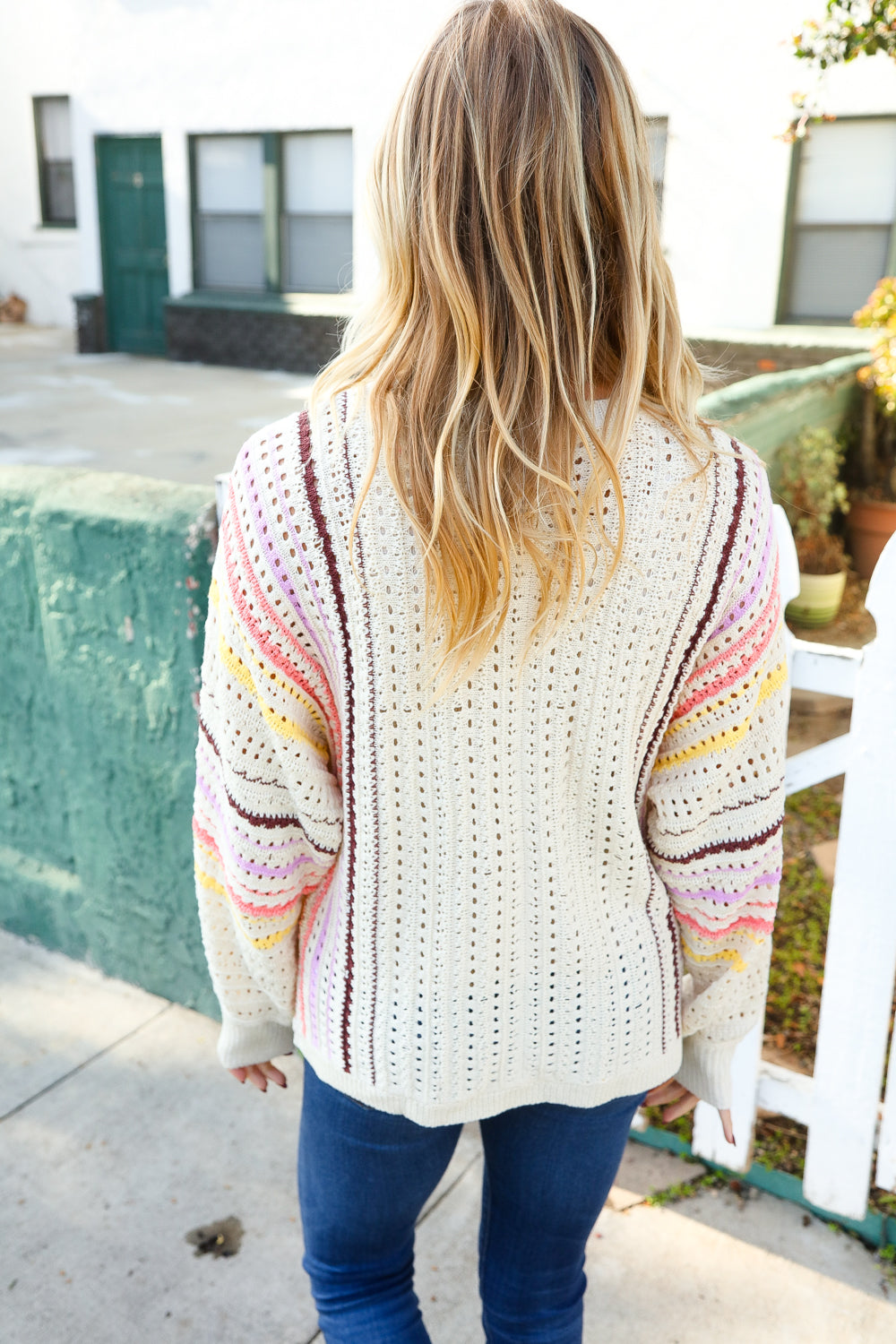 Easy Living Oatmeal Multicolor Stripe Dolman Crochet Cardigan Sweater - Cozy Boho Chic Knitwear for Women | Perfect for Fall Layering, Coffee Dates & Casual Outings