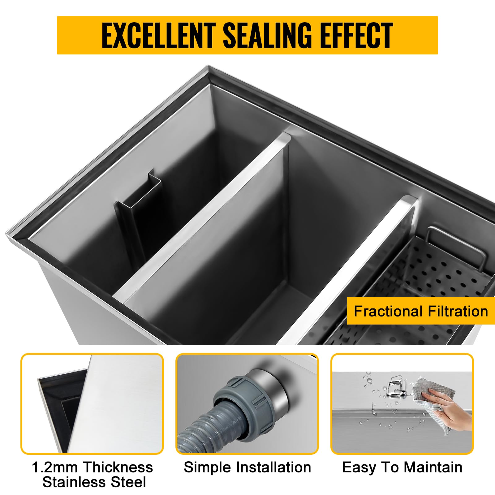 25LB Commercial Stainless Steel Grease Interceptor - Under Sink Kitchen Grease Trap with Side Water Inlet | Oil-Water Separator for Restaurants, Food Trucks & Commercial Kitchens