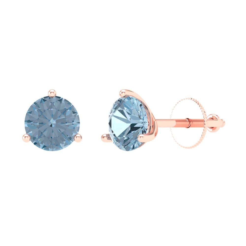 1.94cttw Natural Light Sea Blue Aquamarine Stud Earrings for Women & Men - Round Cut Solitaire Martini Setting in 14k Rose Gold with Screw Back - Perfect for Weddings, Parties & Everyday Elegance