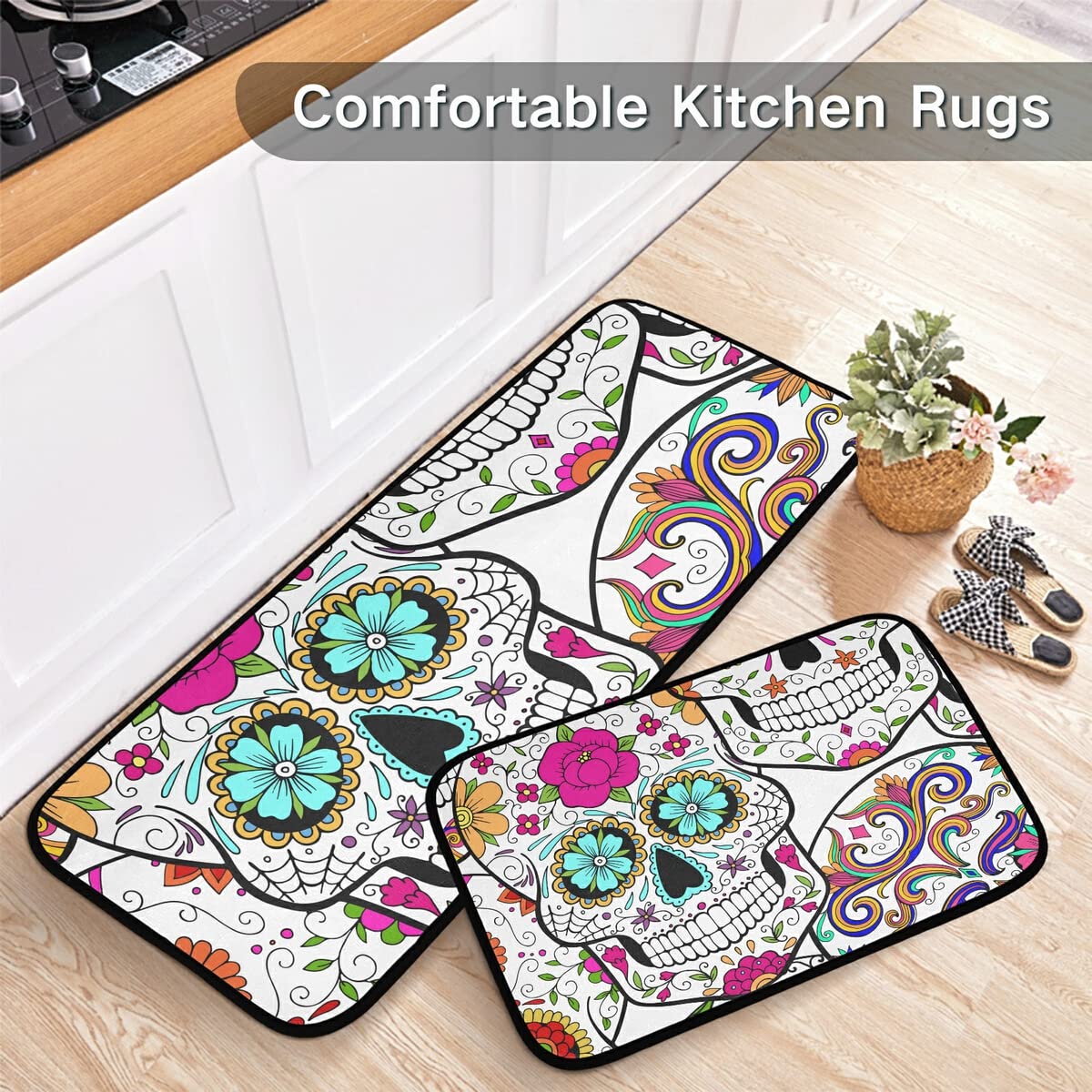 Day of the Dead Sugar Skulls Kitchen Rugs Set - 2 Piece Non-Slip Washable Runner Mats for Kitchen Floor, Home Decor, Laundry Room | Durable & Stylish for Halloween, Mexican Theme Parties & Cultural Home Decor