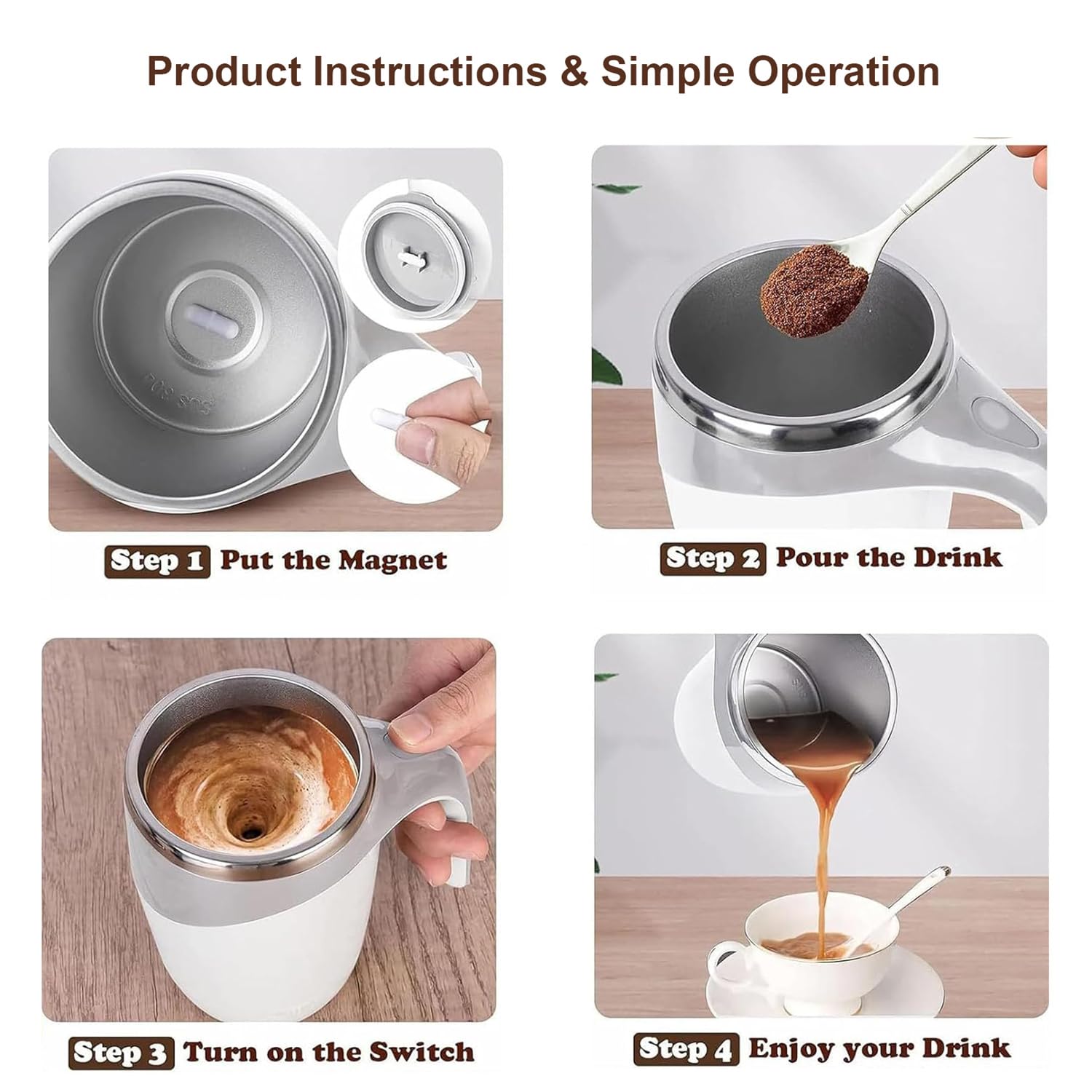 Self Stirring Coffee Mug with Magnetic Stirrer - Automatic Stirring Travel Mug for Hot & Cold Beverages - Perfect for Office, Camping, and Home Use (1 Pack)