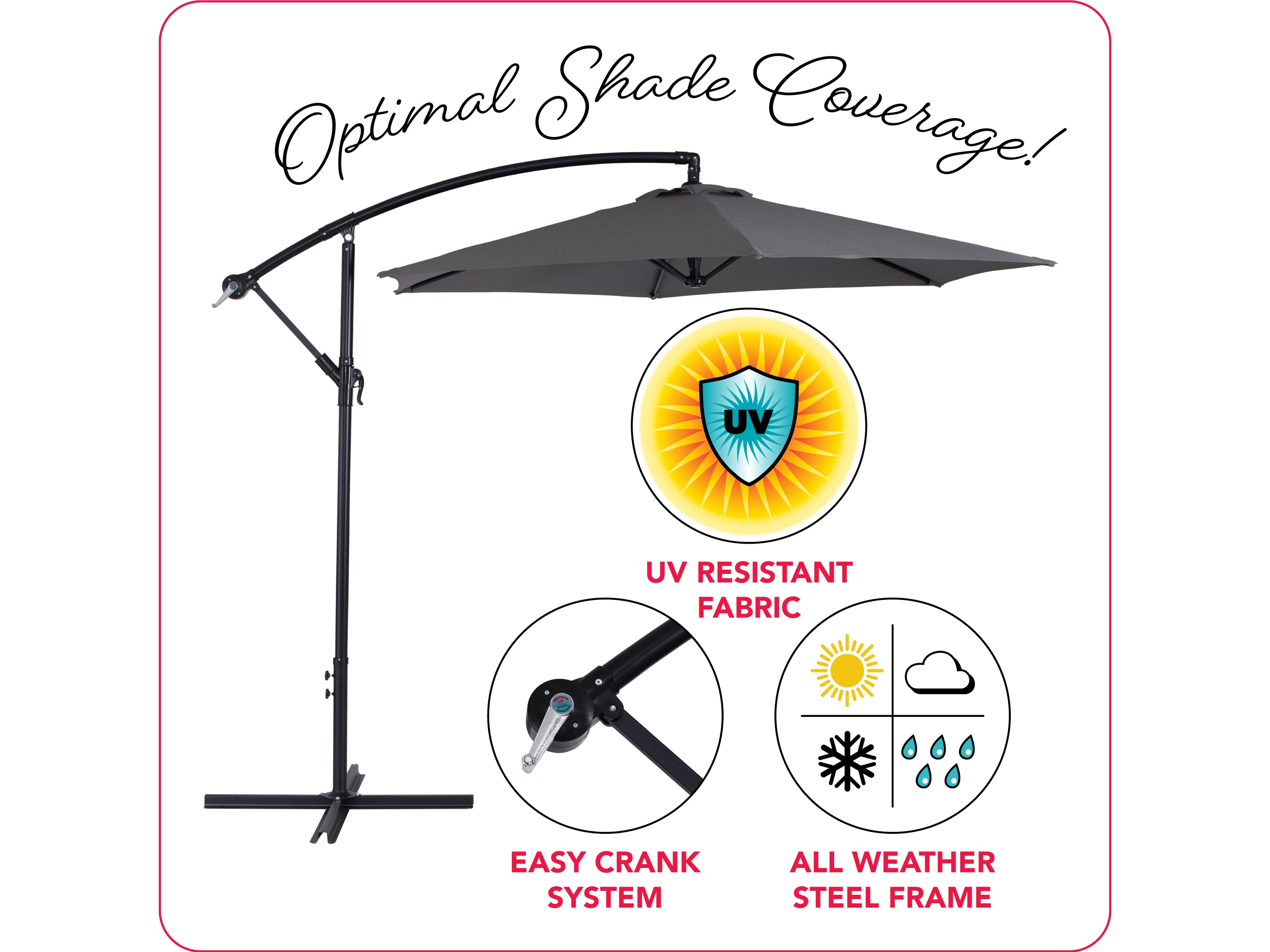9ft Grey Cantilever Umbrella - Outdoor Patio Sun Shade with Adjustable Tilt for Poolside, Garden, and Backyard Relaxation