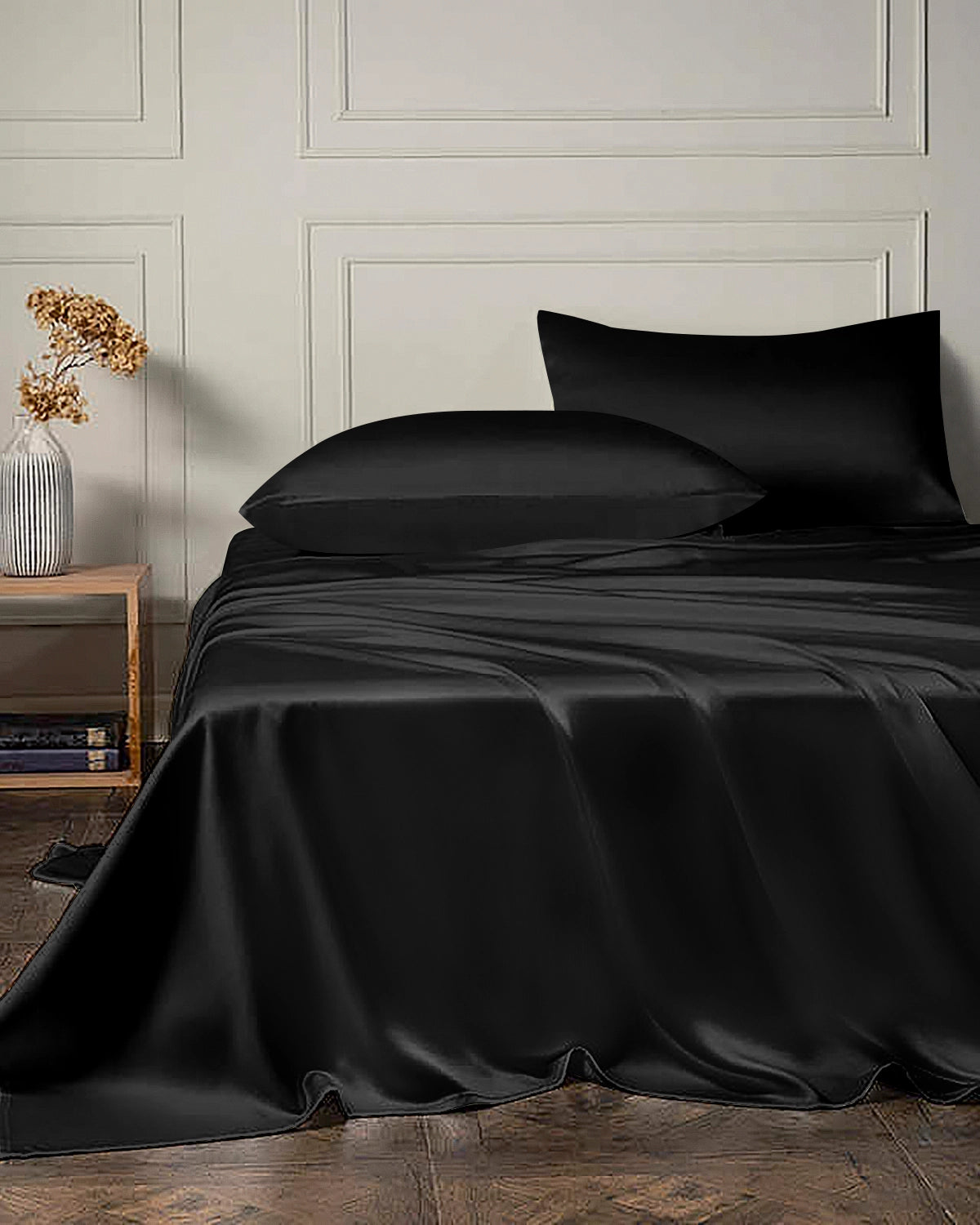 22 Momme 4-Piece 100% Mulberry Silk Bed Sheet Set with Flat Sheet & Fitted Sheet - Luxury Soft Cooling Sheets for Master Bedroom, Guest Room & Hotel Use