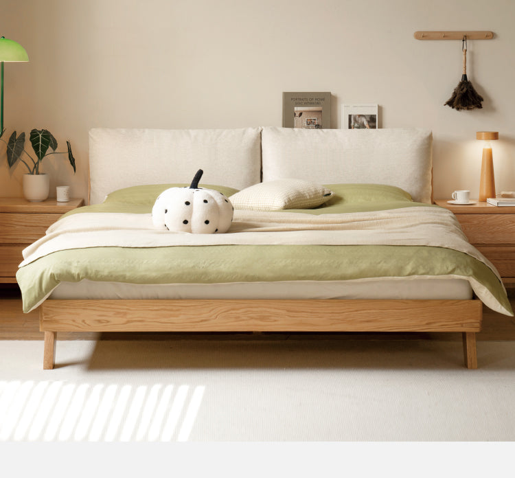 Solid Oak Wood Soft Bed Frame - Queen Size, Sturdy & Comfortable for Master Bedroom or Guest Room