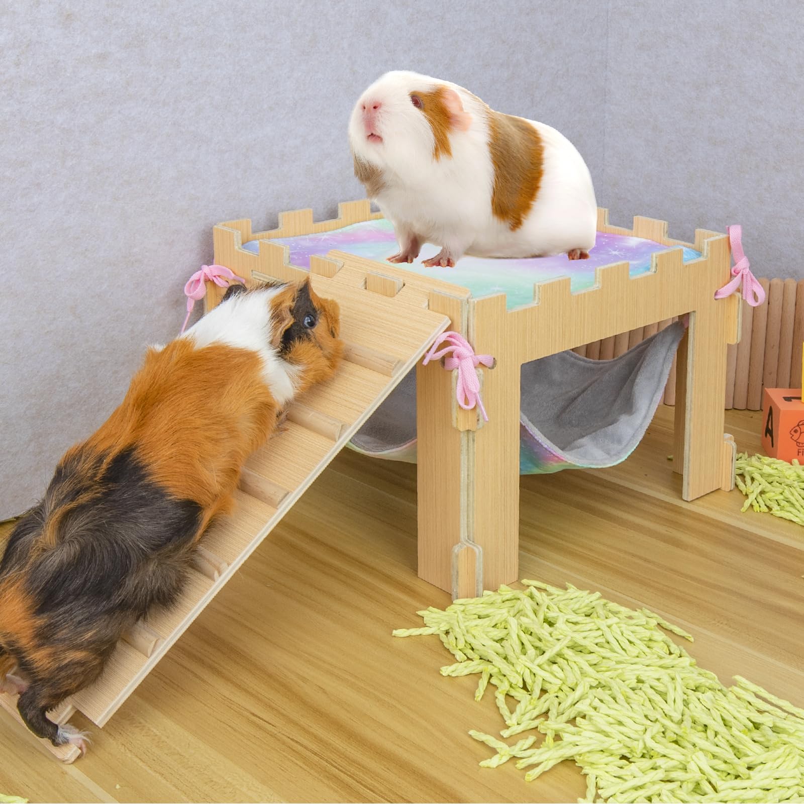 **Wooden Guinea Pig Hideout with Hammock, Platform & Ramps - Waterproof Coating, Easy to Clean - Small Pet Cage Accessories for Play & Relaxation - Perfect for Guinea Pigs, Hamsters & Small Animals**