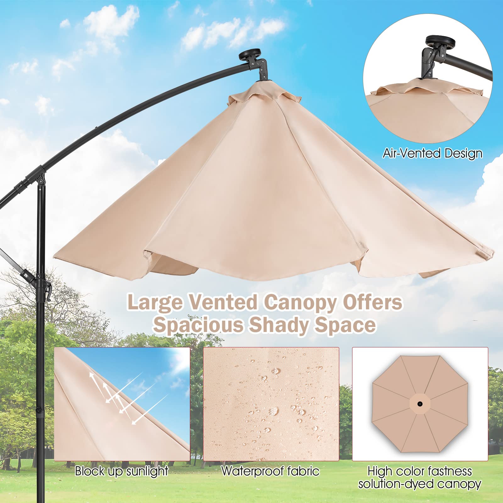 Giantex 10 Ft Solar Powered LED Patio Umbrella with 8 Ribs & Tilting Adjustment - Heavy Duty Cantilever Outdoor Umbrella for Pool, Garden, Deck, and Backyard Relaxation