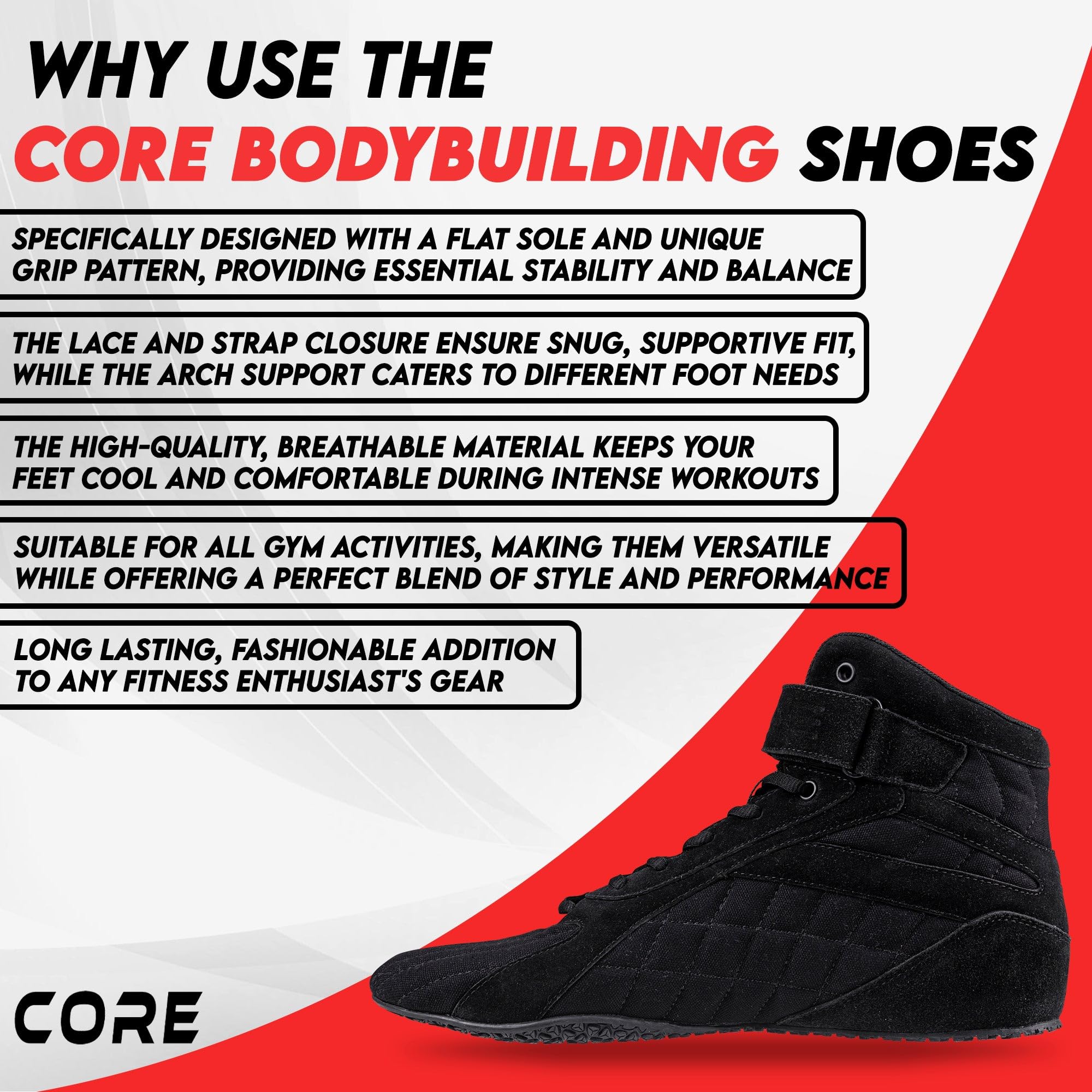 CORE Bodybuilding Shoes for Men & Women - Weightlifting Shoes for Powerlifting, Deadlifting & Squat - Non-Slip Flat Sole Gym Training Shoes with Arch Support - Perfect for CrossFit, Strength Training & Olympic Lifting