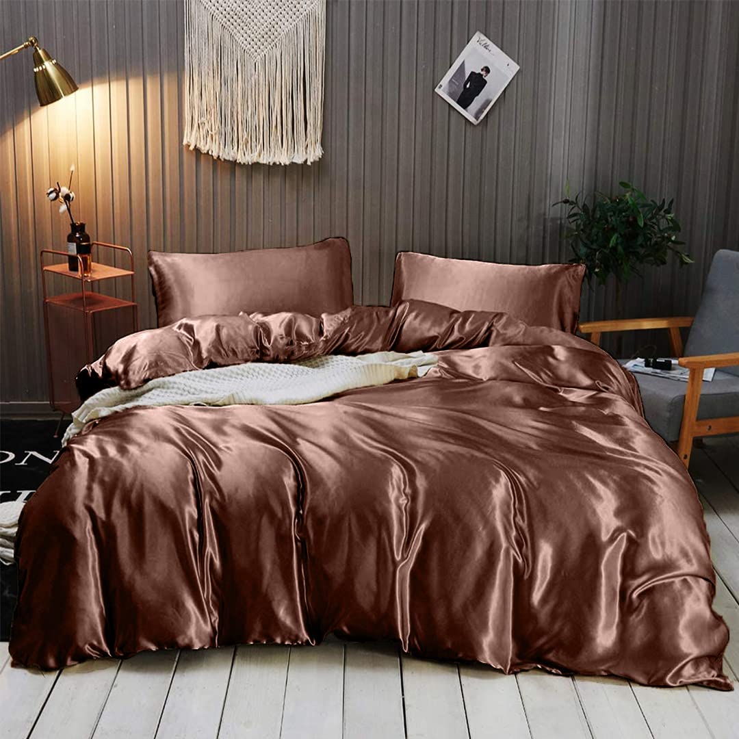 Luxury 7-Piece Silk Satin Sheet Set - Queen Size Bedding with Deep Pockets - Breathable & Cooling Hotel Quality Duvet Cover - Wrinkle-Free Chocolate Brown Bed Sheets for Ultimate Comfort - Perfect for Master Bedrooms, Guest Rooms & Spa Retreats