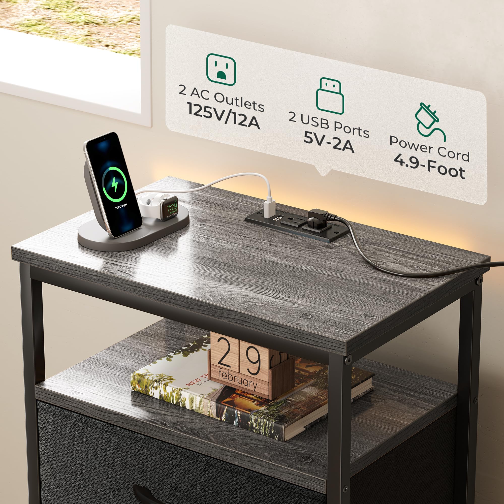 Huuger 5-Drawer Tall Dresser with USB Charging Station, Fabric Bedroom Chest of Drawers with Open Shelf - Gray Nightstand for Bedside Storage & Organization | Perfect for Small Spaces, Apartments & Dorm Rooms
