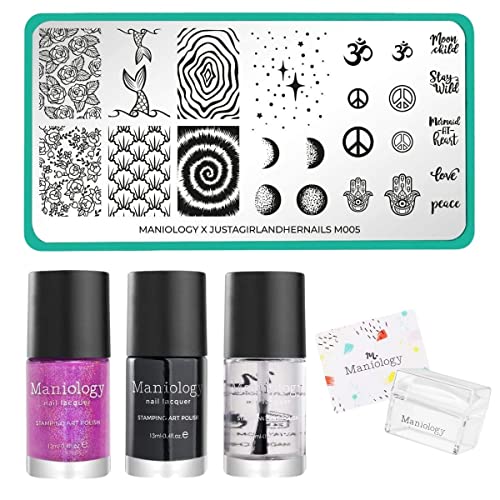 Maniology Summer Blast We Mermaid Together Nail Stamping Kit - Includes Stamping Plate, Nail Polishes, Top Coat, Stamper & Scraper Card | DIY Nail Art Design for Summer, Beach & Mermaid Theme Manicures