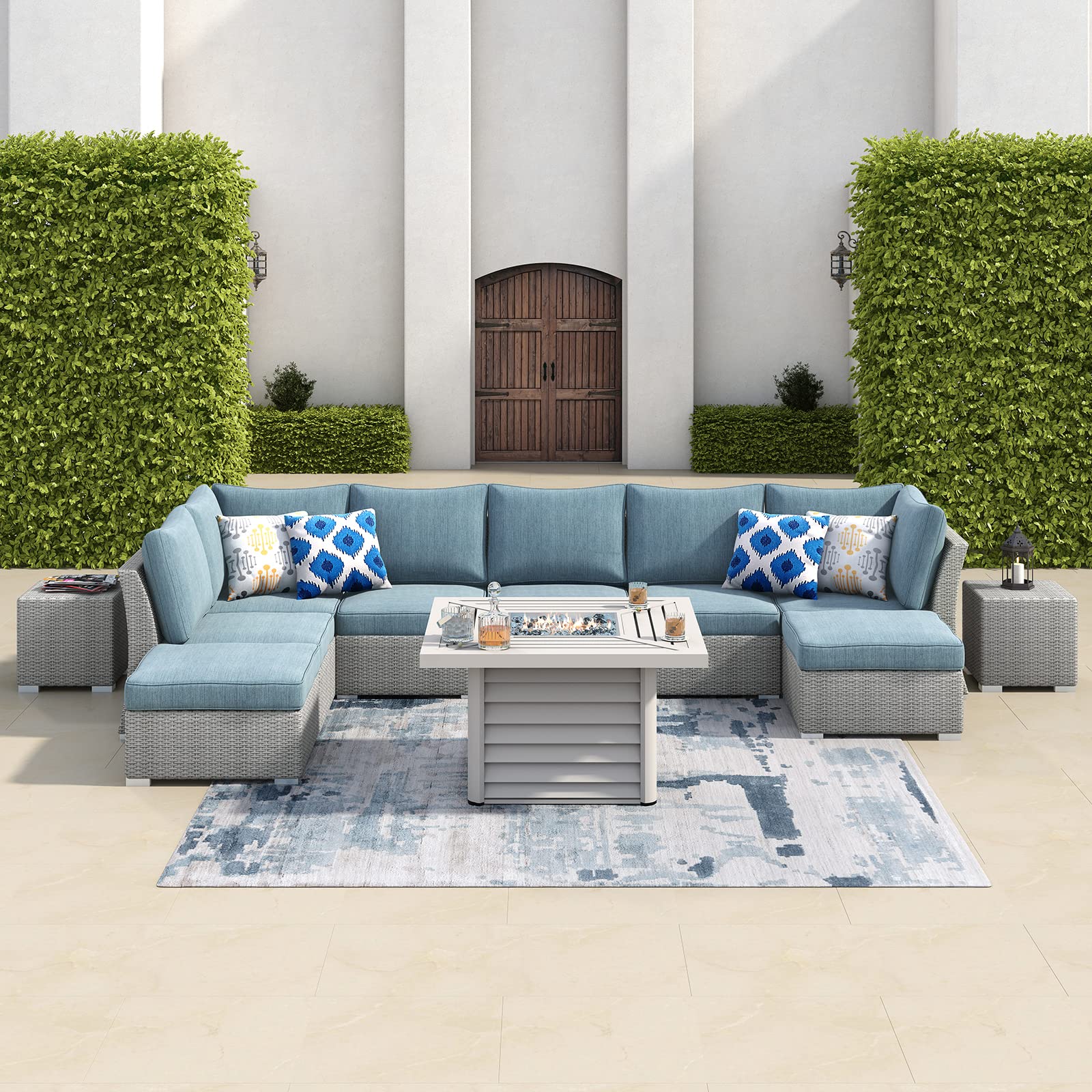 11-Piece Large Outdoor Patio Furniture Set with Fire Pit Table - 8-Seater All-Weather Wicker Conversation Set (6 Sofa Seats, 2 Ottomans & 2 Coffee Tables) for Backyard, Deck, Garden & Poolside Relaxation