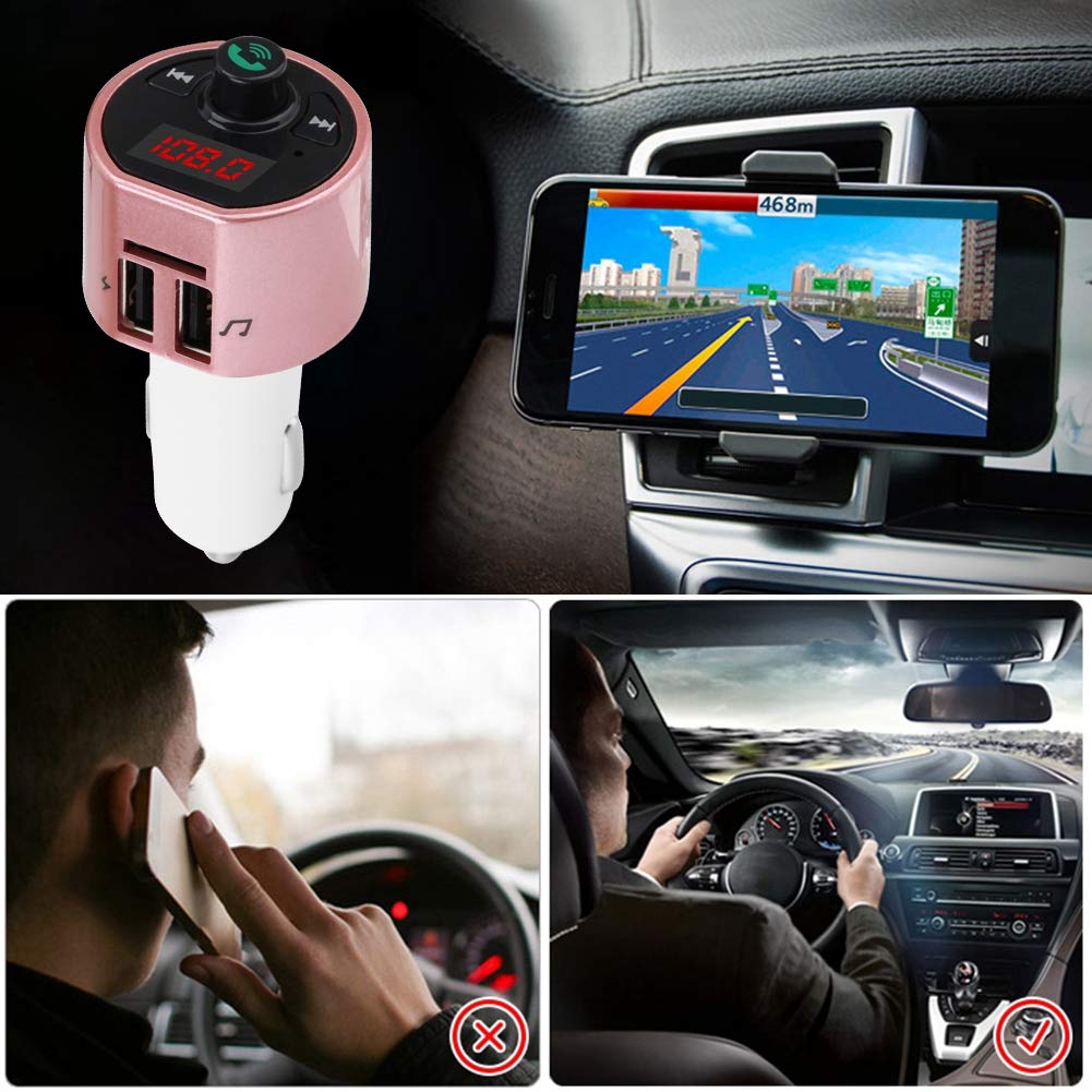 Kafuty Wireless Bluetooth Car Audio Transmitter - Hands-Free Calling, FM Radio Adapter with Dual USB Charging Ports & USB Drive Support for MP3 Playback (Pink) | Perfect for Road Trips, Commuting & In-Car Entertainment