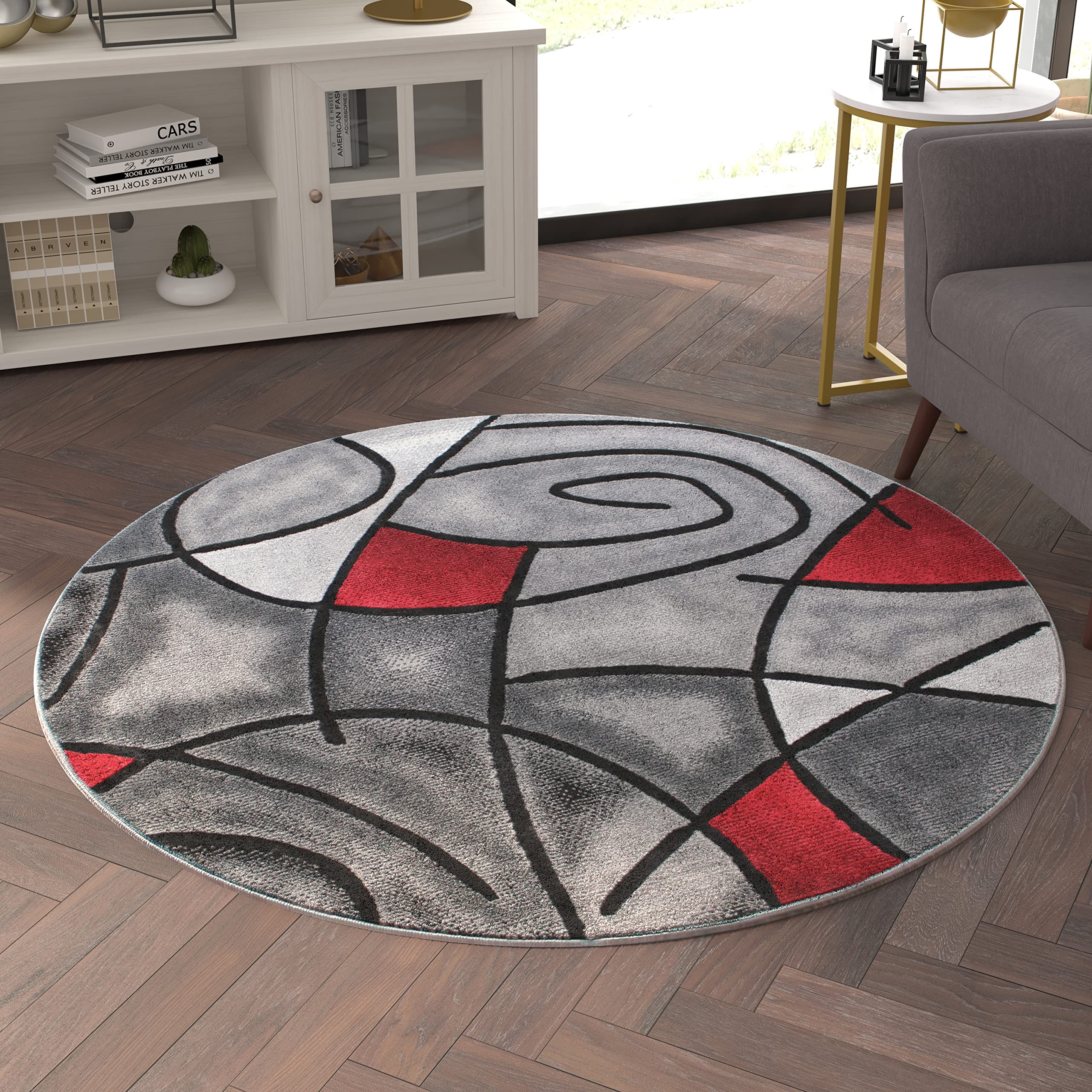 EMMA + OLIVER Modern Round Plush Olefin Accent Rug - 5x5 Feet Abstract Geometric Pattern with Gray Gradient & Red Accents - Stain & Moisture Resistant - Perfect for Living Room, Bedroom or Office Decor