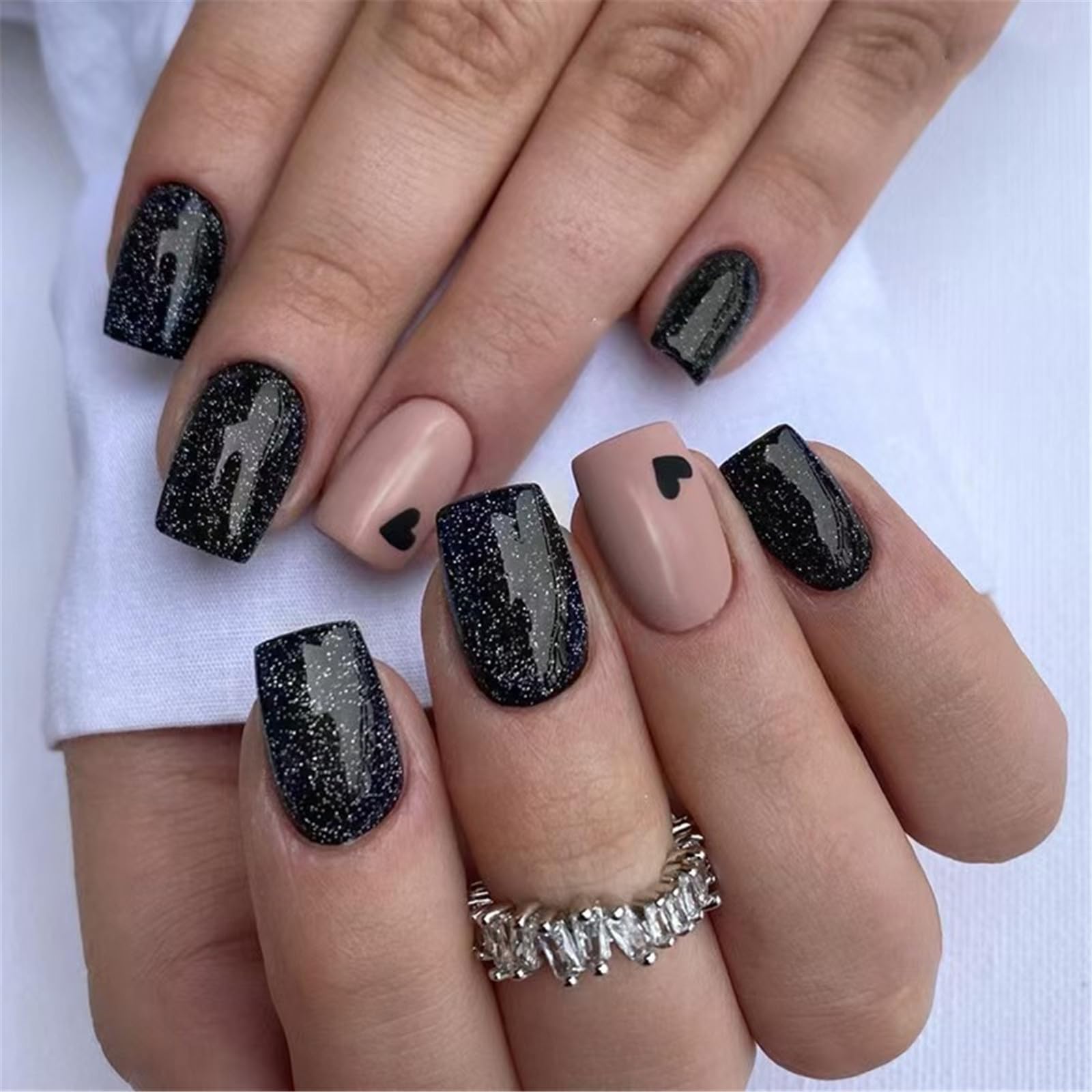 Short Square Press on Nails with Nail Glue - Black & Pink Heart Design Glossy Fake Nails for Women & Girls | Easy to Apply, Perfect for Parties, Dates & Everyday Wear