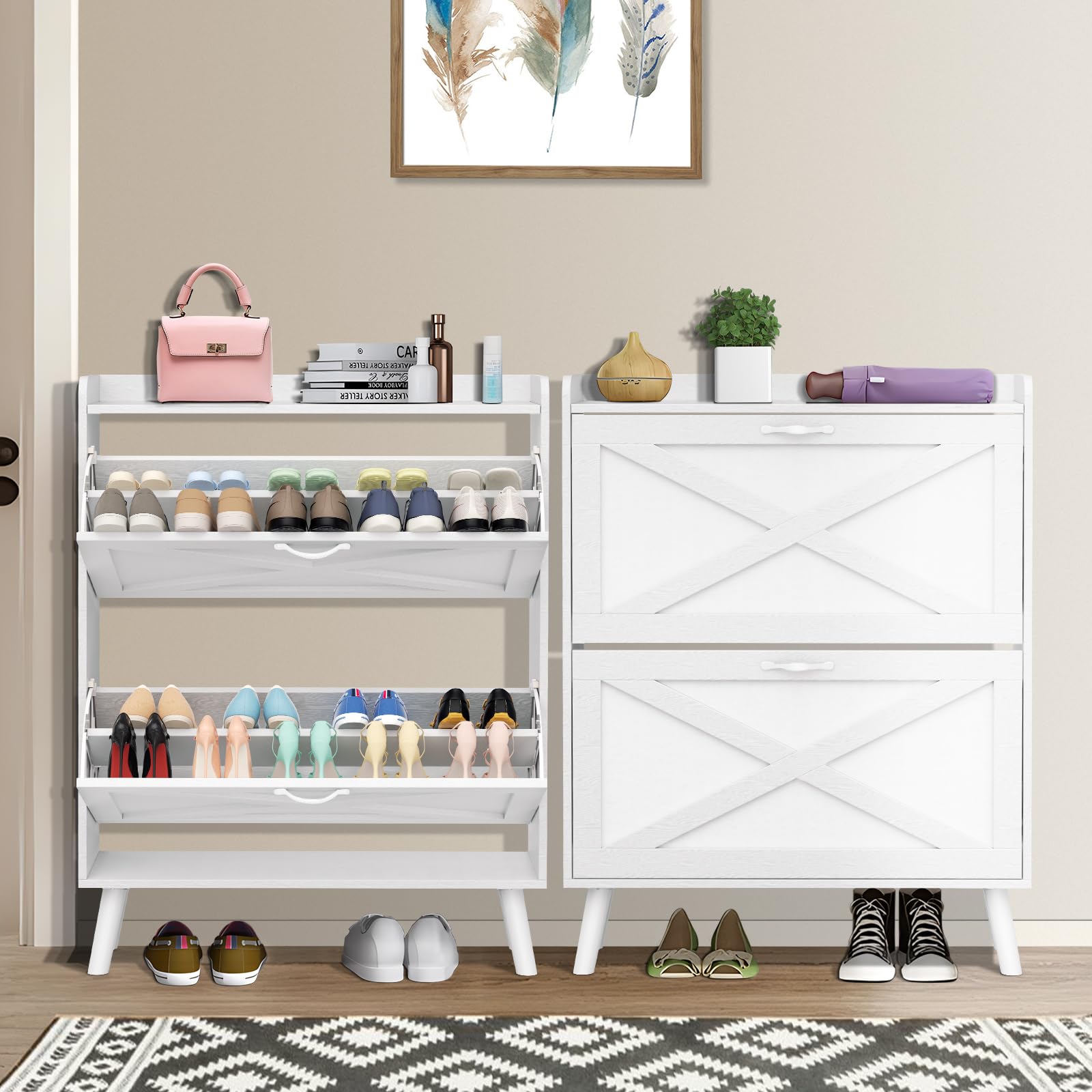 SUNCROWN Freestanding Shoe Storage Cabinet with 2 Flip Drawers - White Narrow Entryway Organizer with Wooden Legs - Perfect for Small Spaces, Closet & Bedroom Organization