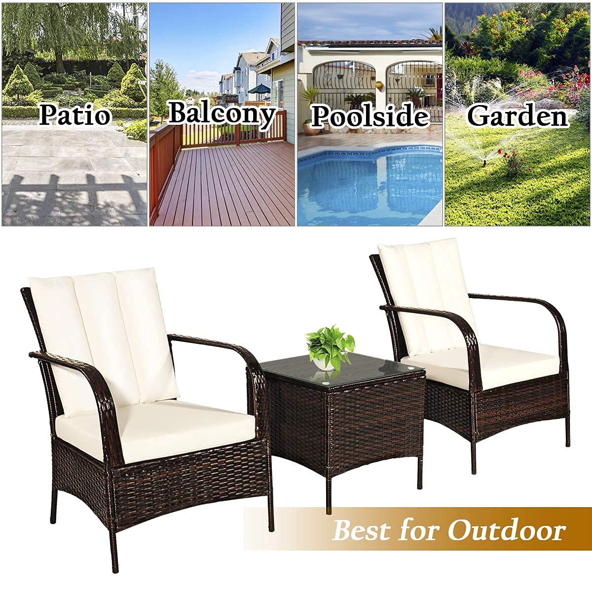 Tangkula 3-Piece Patio Furniture Set - 2 Wicker Chairs with Glass Top Coffee Table, Outdoor Rattan Conversation Set for Garden, Porch or Poolside (Cream) | Perfect for Relaxing, Entertaining & Outdoor Dining