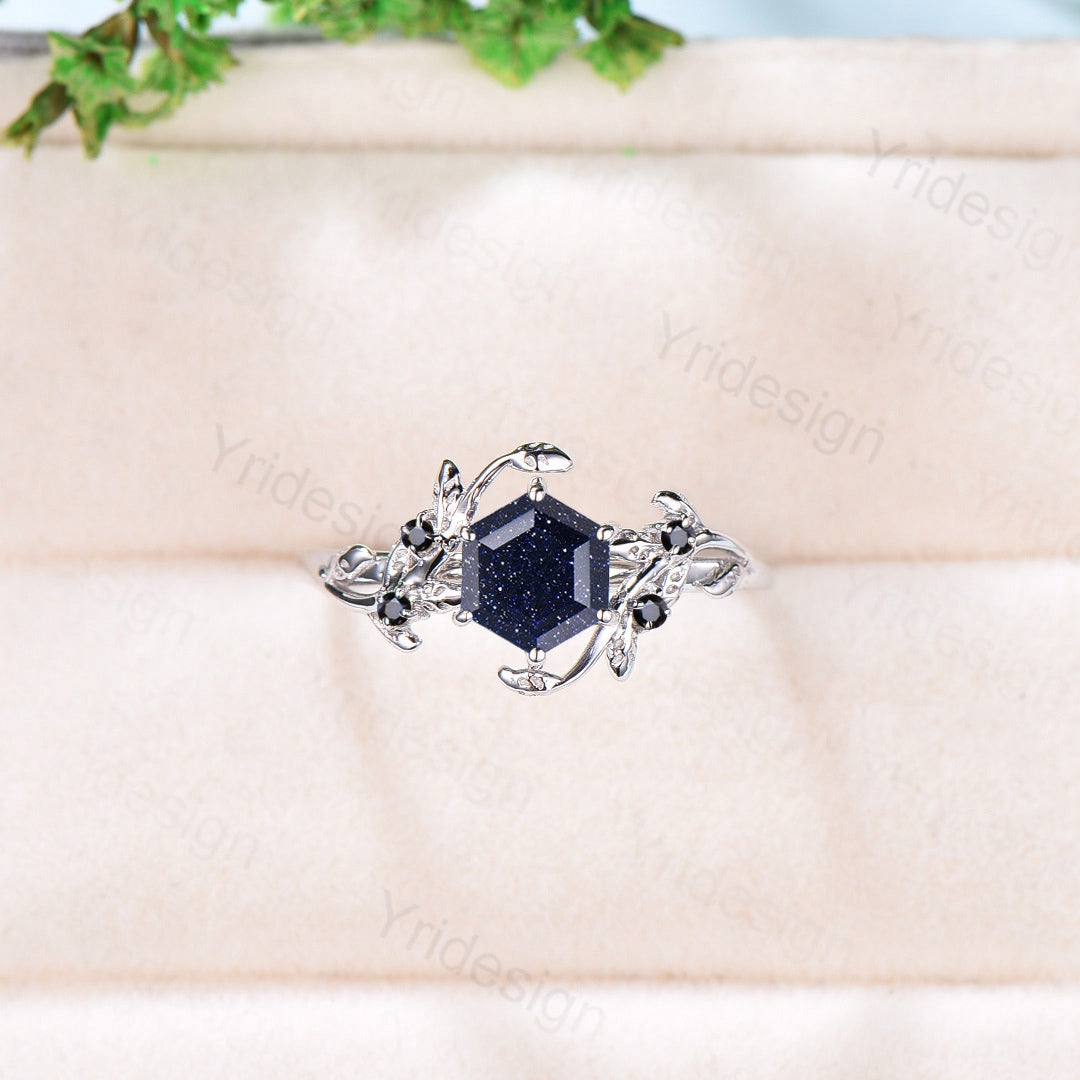 Hexagon Blue Sandstone Ring - Vintage Galaxy White Gold Engagement Ring for Women, Leaf Vine Onyx Star Bridal Promise Ring - Perfect for Weddings, Anniversaries & Special Occasions