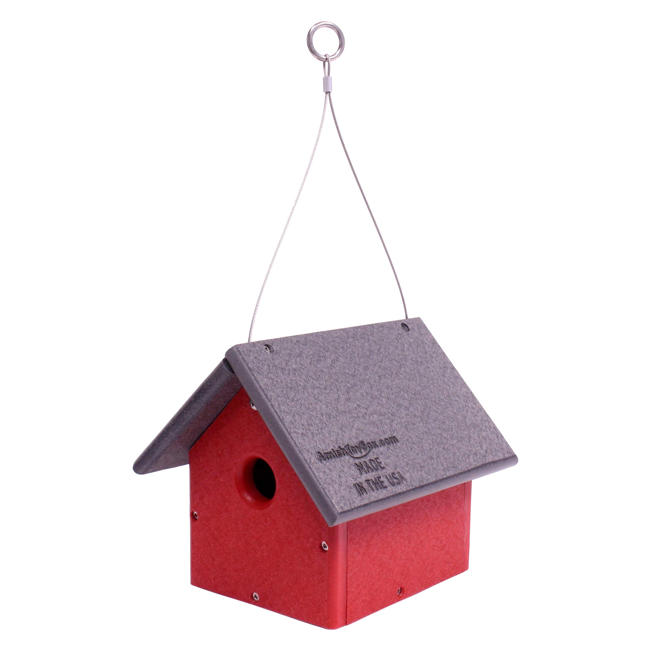 AmishToyBox.com Chickadee or Wren House - Durable Poly Lumber Bird House for Outdoor Garden (Gray/Bright Red) - Attract Wild Birds to Your Backyard or Patio