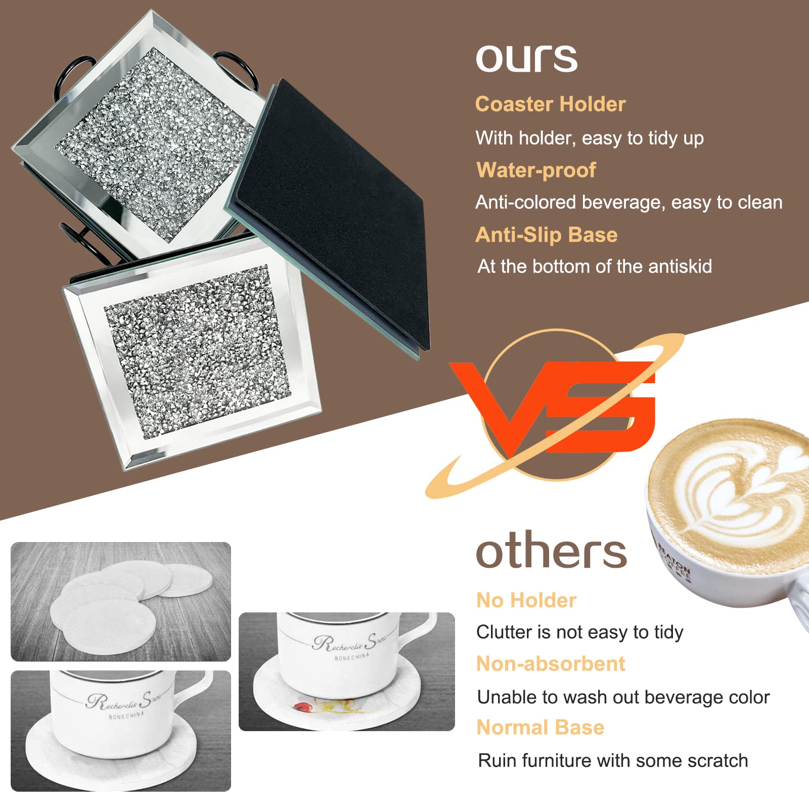 6 Sets Modern Bling Bling Crystal Glass Mirrored Drink Coasters with Holder - 4x4 Inches Crushed Diamond Design for Coffee Tables, Bars, and Home Decor - Protect Furniture from Scratches and Stains