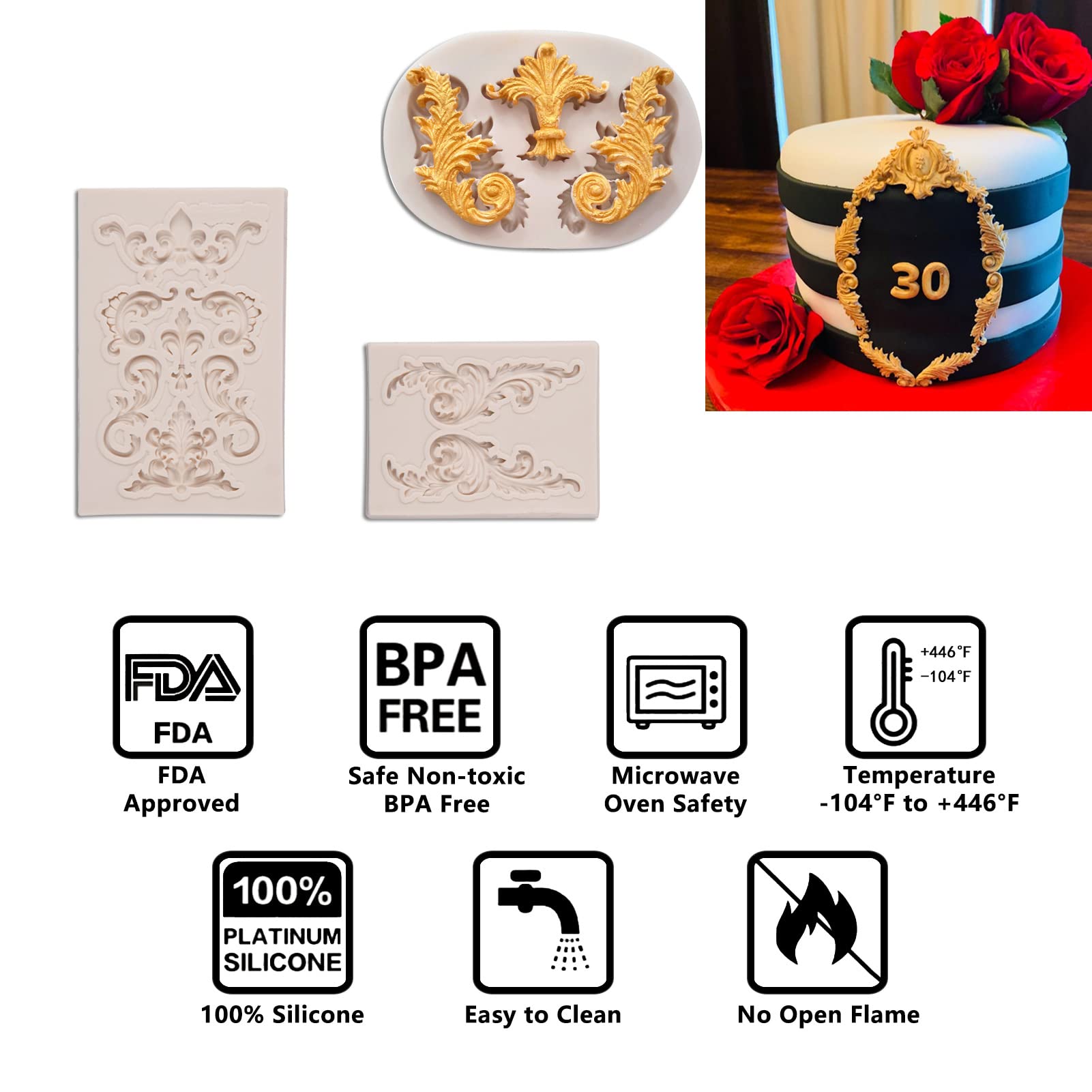 Baroque Silicone Fondant Molds (4 Pack) - Scrolls, Border, Feather & Crown Corner Molds for Cake Decorating, Polymer Clay & DIY Crafts - Perfect for Wedding Cakes, Cupcakes & Home Baking Projects