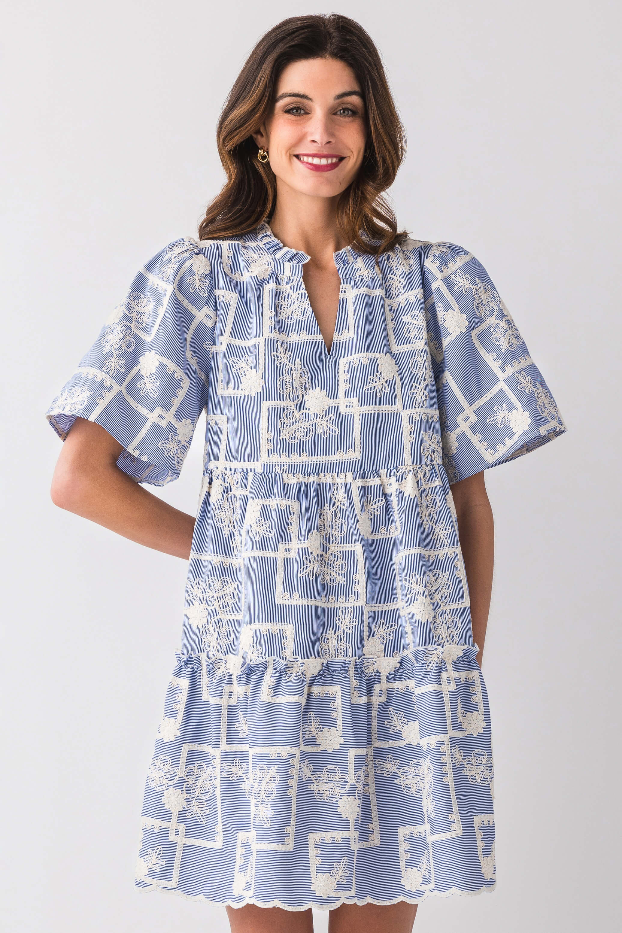 Voy Tiffany Striped Cotton Floral Embroidered Summer Dress for Women - Perfect for Beach Vacations, Garden Parties & Date Nights