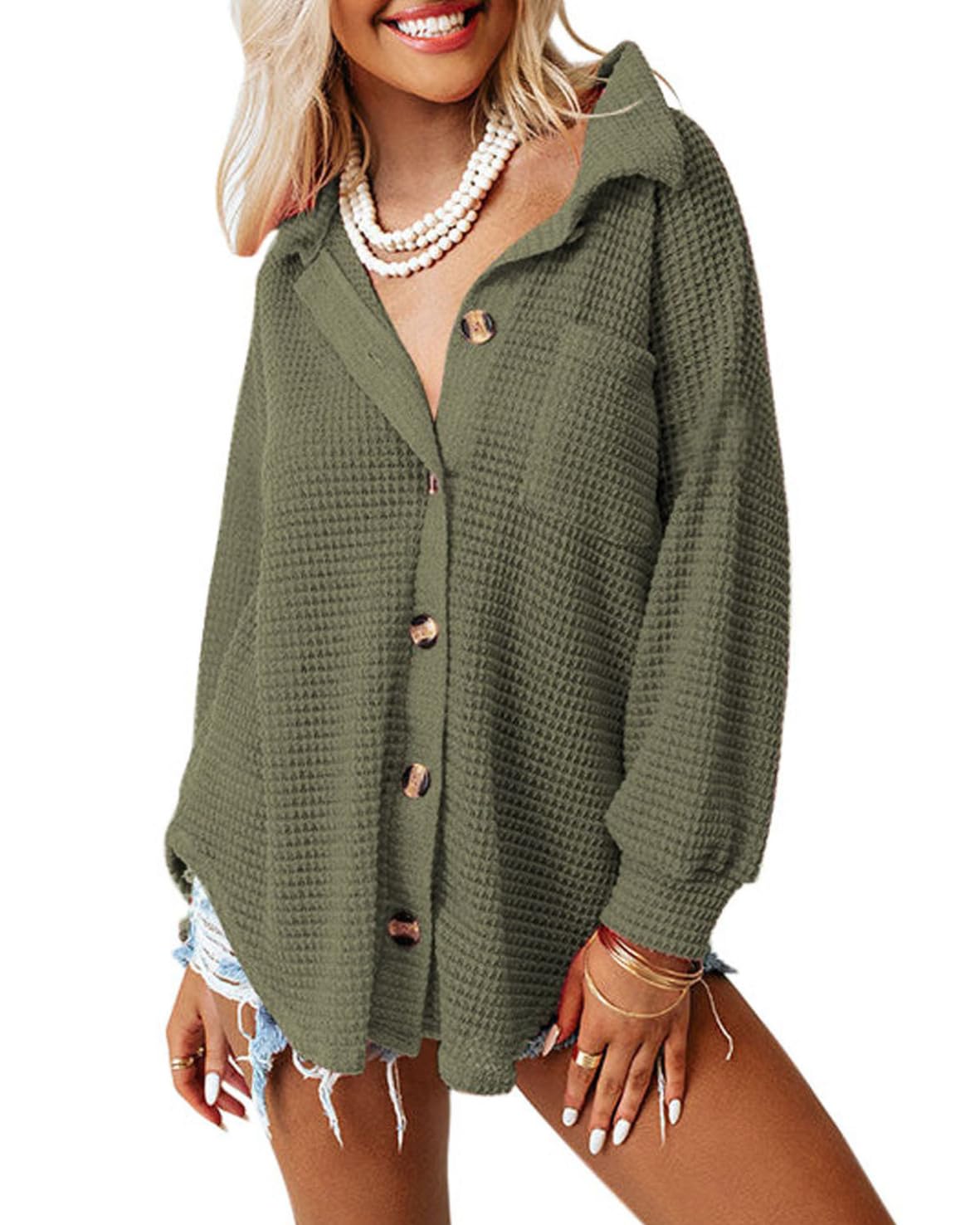 Dokotoo Women's Waffle Knit Shacket Jacket - Long Sleeve Button Down Shirt Blouse for Casual & Dressy Outfits | Perfect for Fall Layering, Office Wear & Weekend Outings