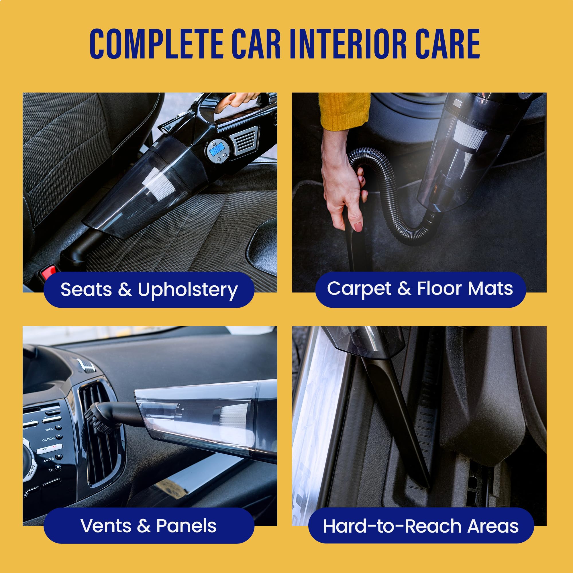 4-in-1 Cordless Car Vacuum Cleaner with Tire Inflator, Digital Pressure Gauge, LED Light & Cleaning Kit - Portable Handheld Vacuum for Car Interior, Home & Office Cleaning - Perfect for Pet Hair, Dust & Debris Removal