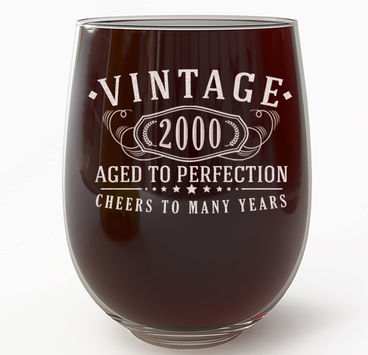 Vintage 2000 Etched 17oz Stemless Wine Glass - 25th Birthday Gift for Women, Best Engraved Wine Glass for Friends & Daughters - Perfect for Anniversary Celebrations, Bridal Showers & Special Occasions