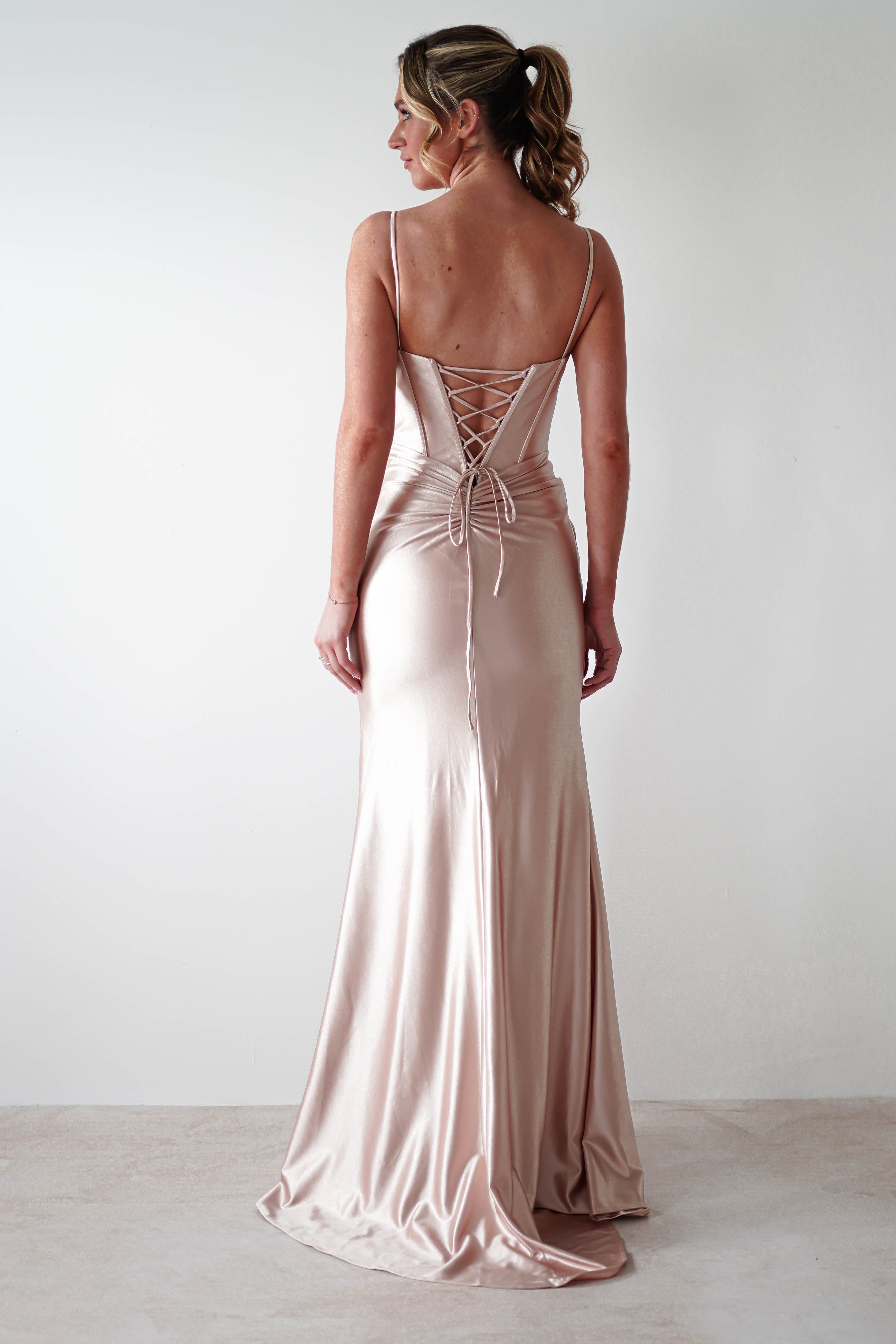 **Meaghan Bodycon Gown - Elegant Champagne Evening Dress for Women | Perfect for Parties, Prom, Cocktail Events & Special Occasions**