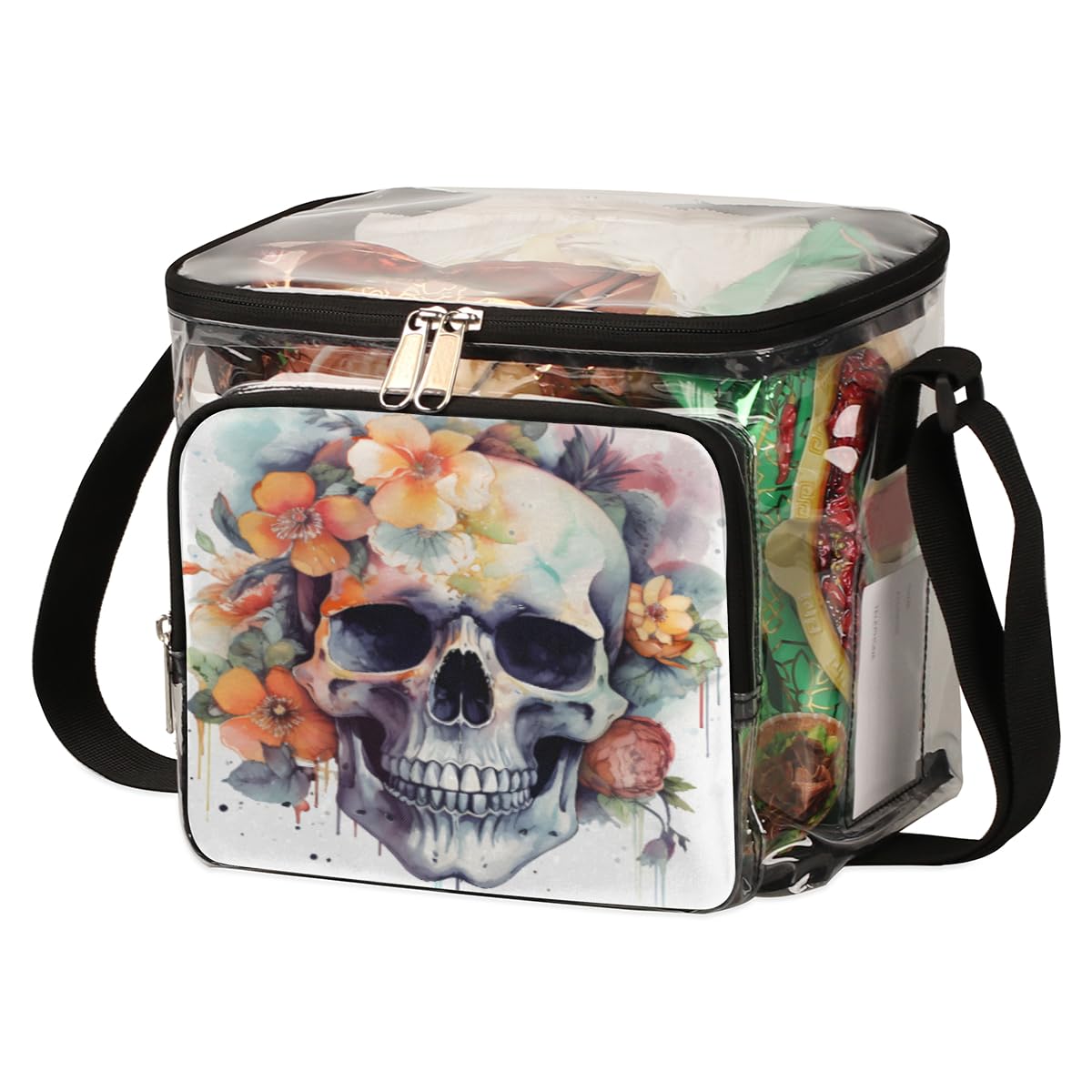 GzLeyigou Sugar Skull Flowers Clear Tote Bag with Handles - Transparent Crossbody Shoulder Bag for Lunch, Outdoor, Travel, Picnic, Concerts & Sports Events - Stadium Approved Multi-Purpose Clear Bag (Perfect for Festivals, Beach Trips and Theme Parties)