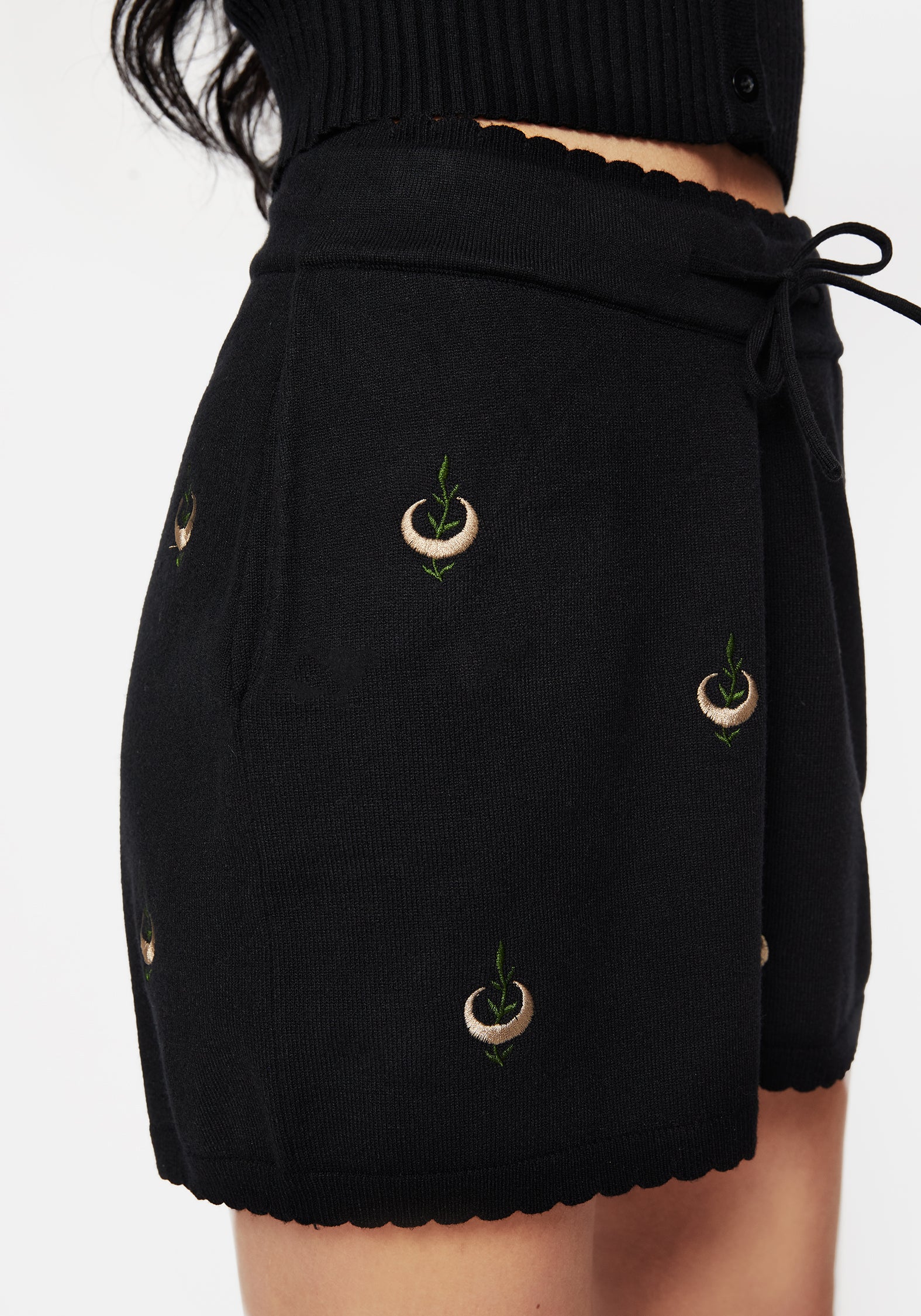 Liana Moon Leaf Embroidered Knit Shorts for Women - Comfortable Summer Casual Shorts with Floral Design - Perfect for Beach, Vacation and Everyday Wear
