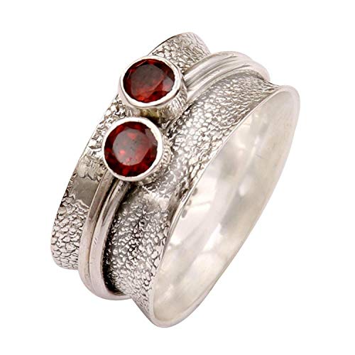 925 Sterling Silver Garnet Spinner Ring for Women - Anxiety Relief & Stress Relief Two Stone Wide Band Thumb Ring - Perfect for Everyday Wear, Meditation & Relaxation