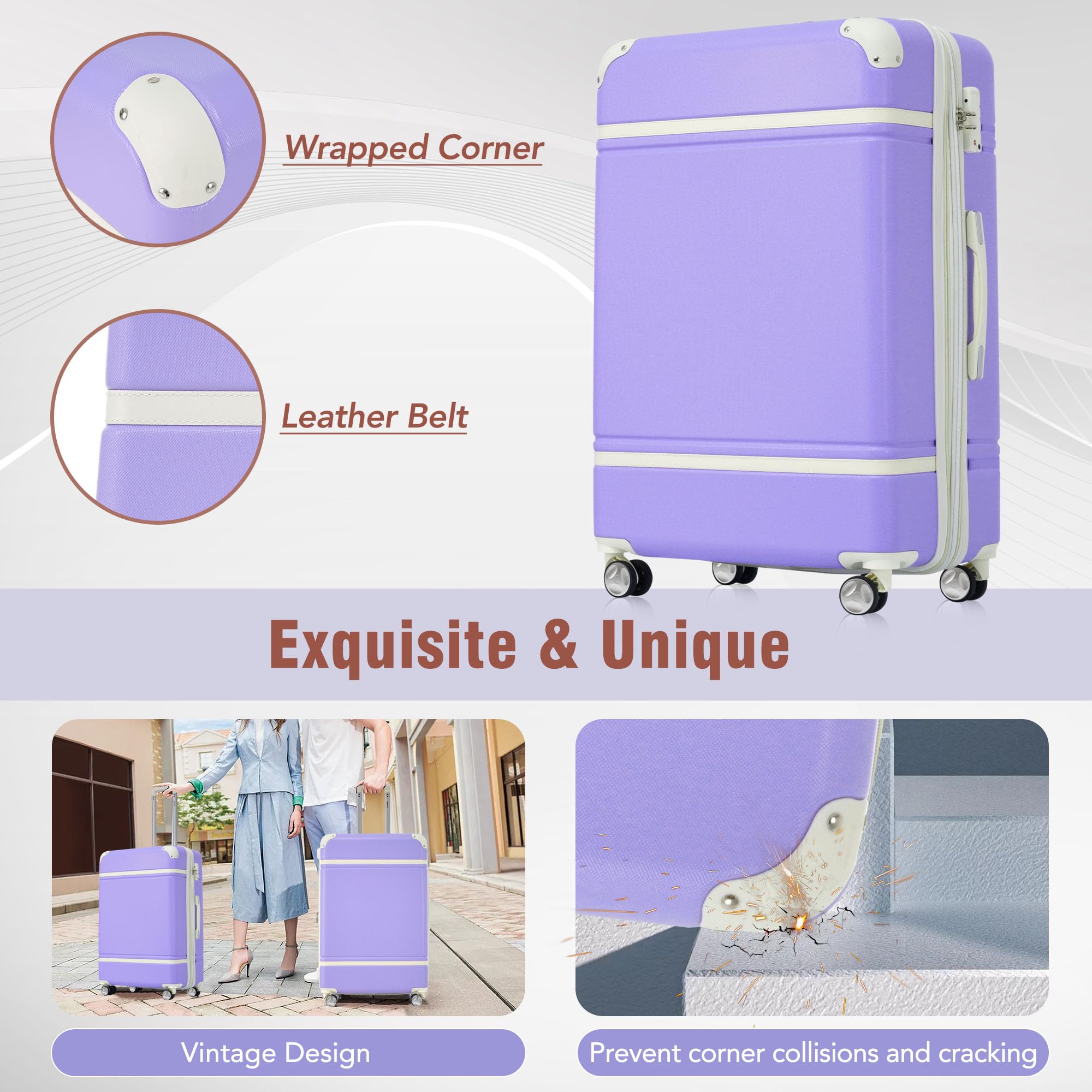 Merax 3-Piece Expandable Spinner Luggage Set with Cosmetic Case - Vintage Purple Suitcase (20