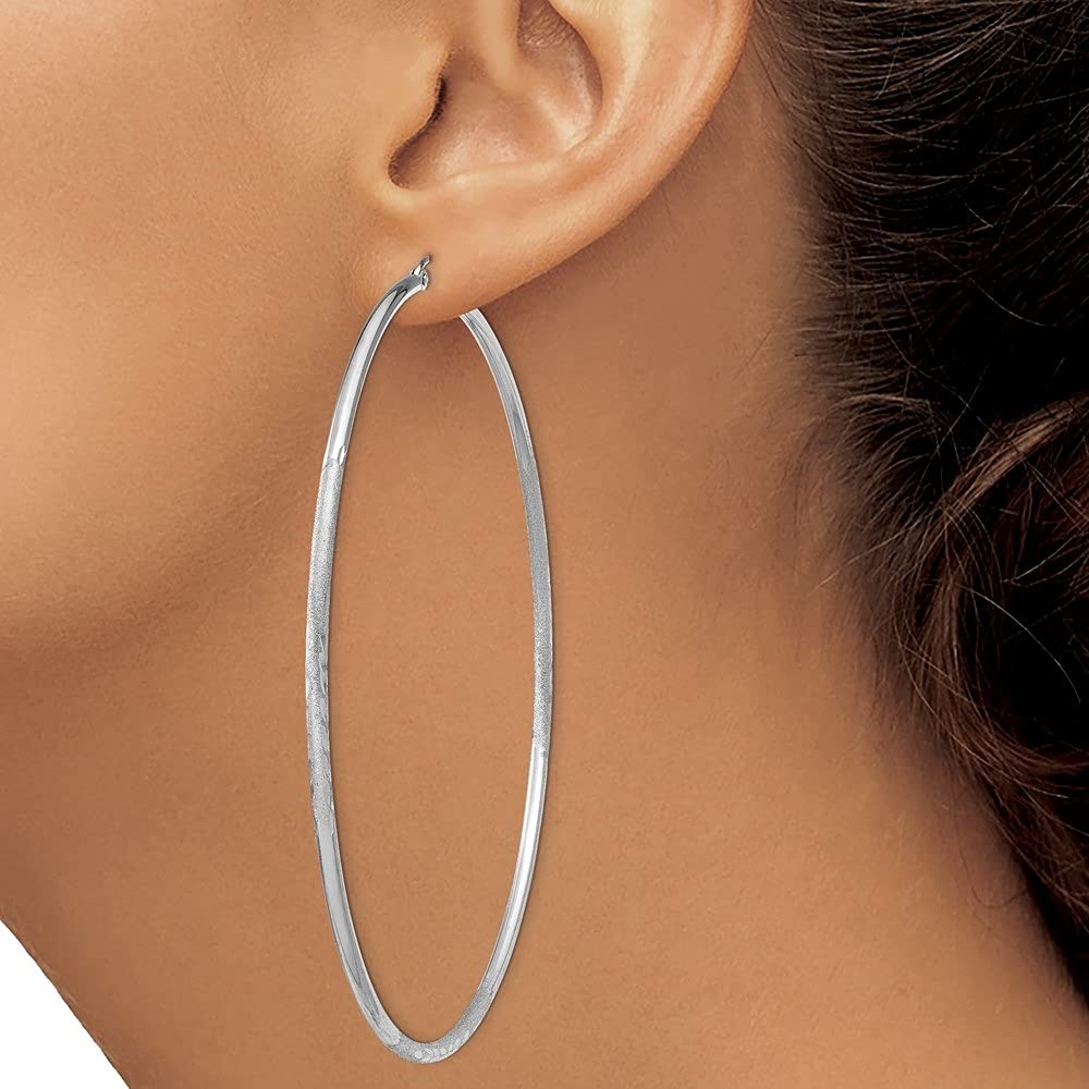 925 Sterling Silver Rhodium-Plated 2mm Polished & Satin Diamond-Cut Hoop Earrings for Women - Elegant Everyday Jewelry, Gift for Her, Wedding & Party Accessories