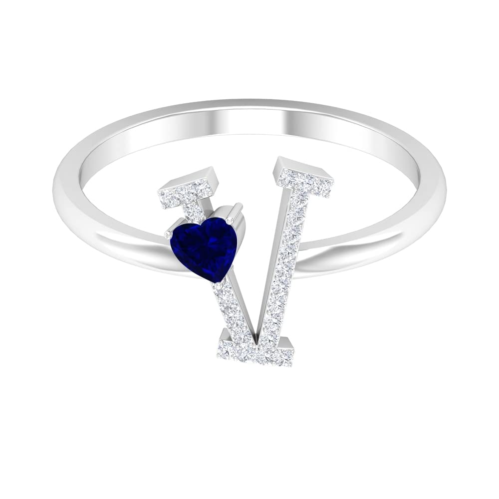 Blue Sapphire & Diamond Rings | Diamond A-Z Initial Rings for Women | 14K White Gold Alphabet Rings | Personalized Heart Initial Jewelry | Perfect for Engagements, Anniversaries & Gifts