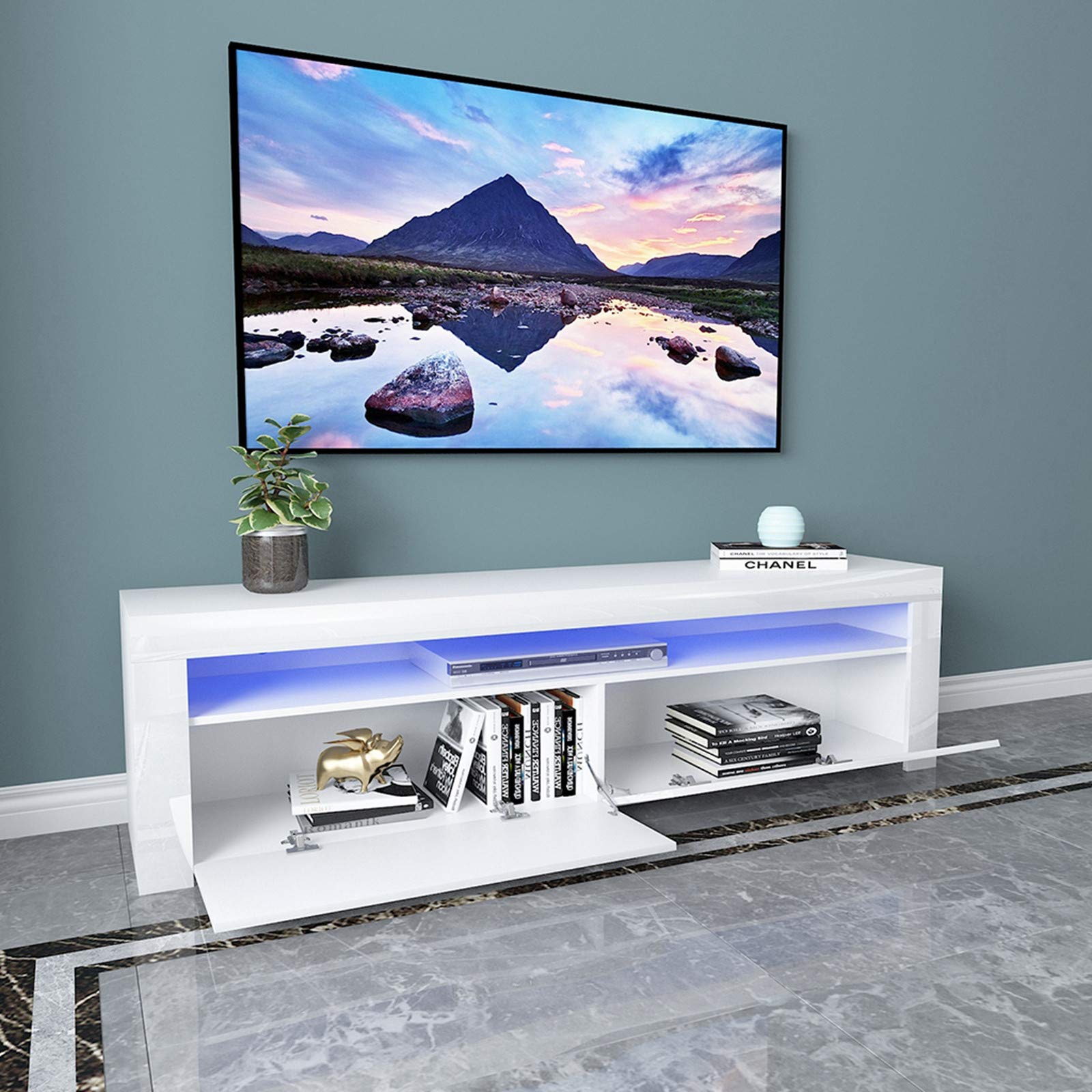 Modern LUKKC LED Light TV Stand with Storage Drawers & Shelves - High-Gloss Wood Entertainment Center Console Cabinet for Living Room (63×13.8×19.7 Inches) - Perfect for Home Theater Setup & Media Organization