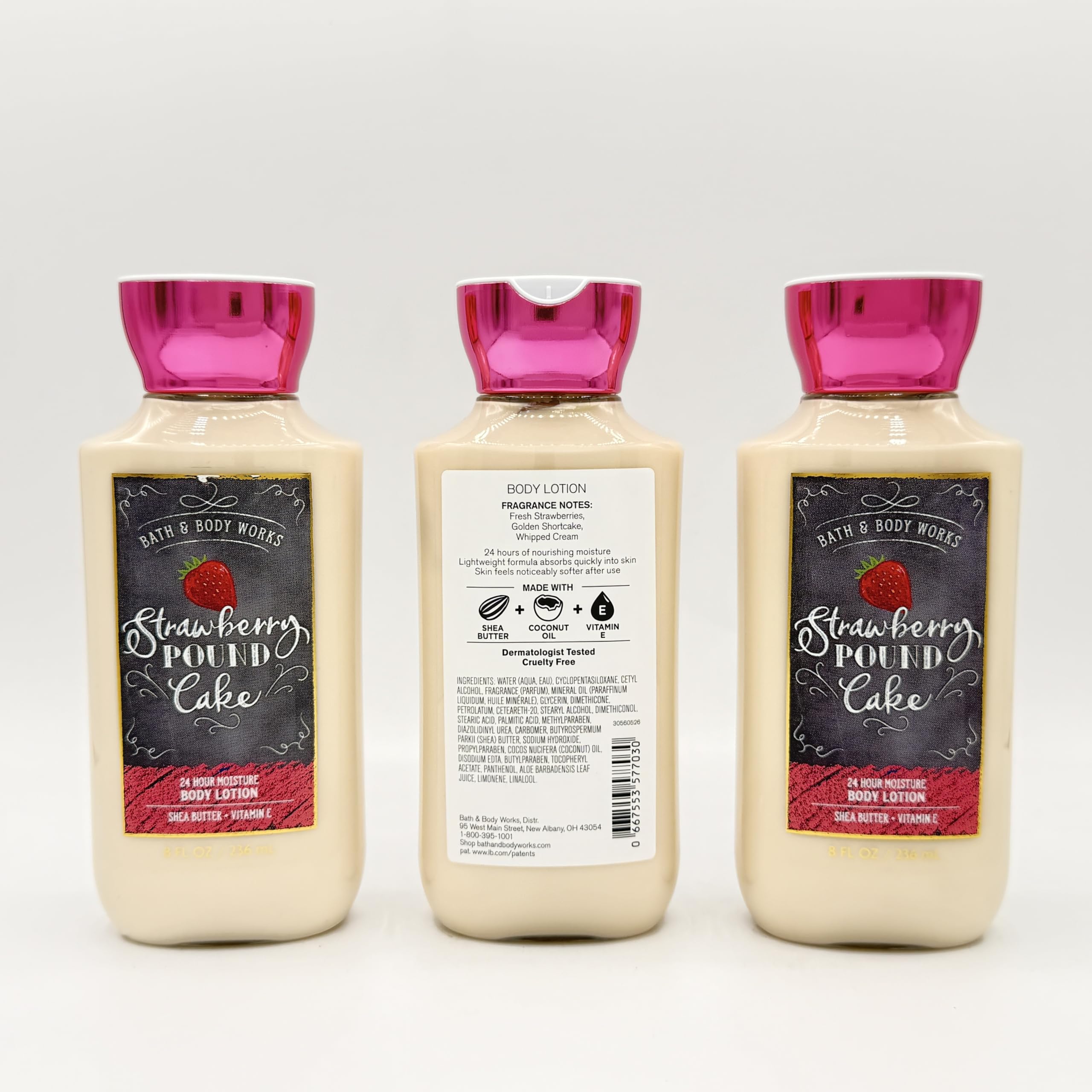 Strawberry Pound Cake Body Lotion Set - 3 Pack of 8oz Moisturizing Hand & Body Creams for Women | Sweet Scented Skincare Gift Set for Dry Skin, Birthday, Mother's Day | Home Spa, Daily Hydration, Self-Care Routine
