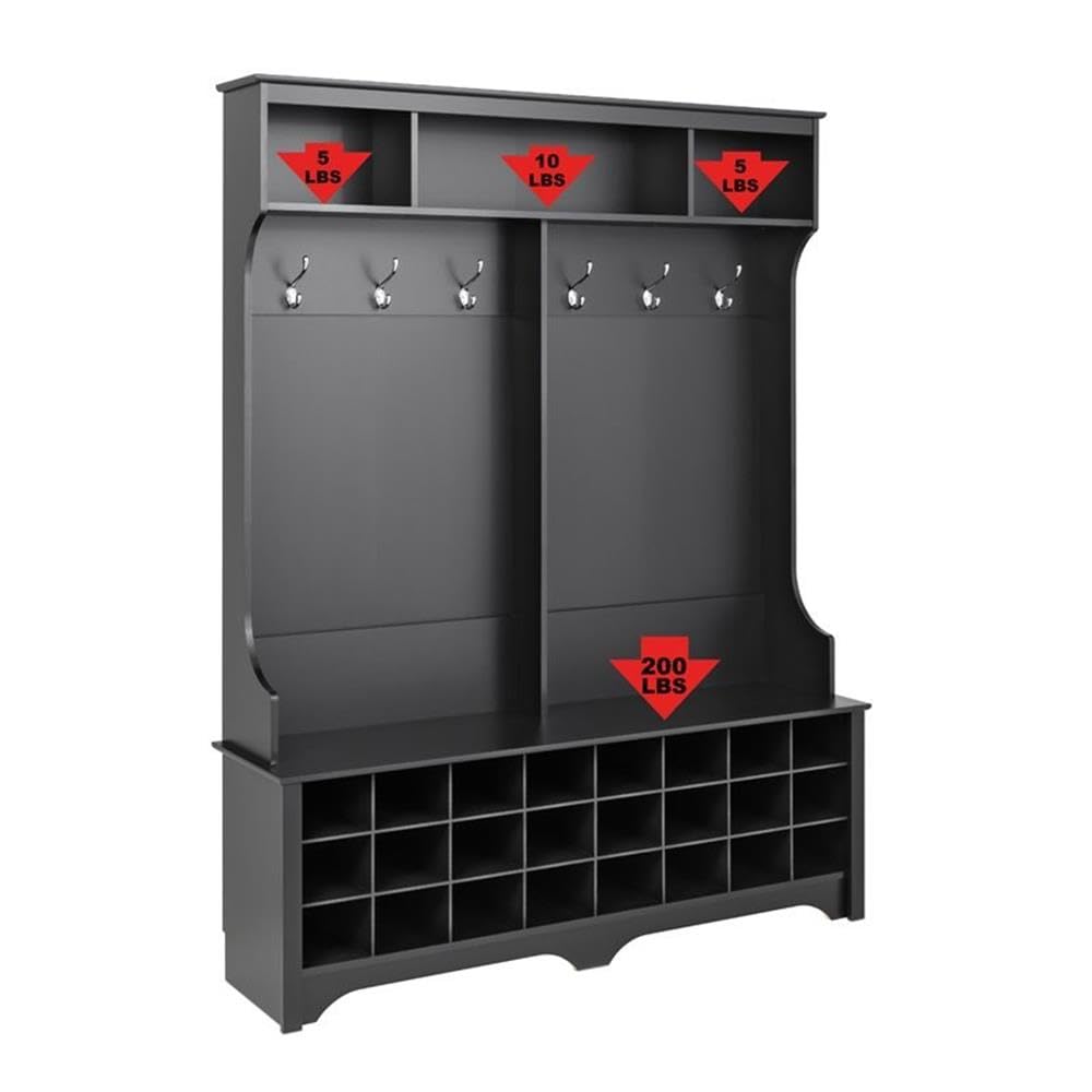 Prepac Black Hall Tree Entryway Storage Cabinet - 24 Shoe Cubbies & 6 Double Coat Hooks - 15.5
