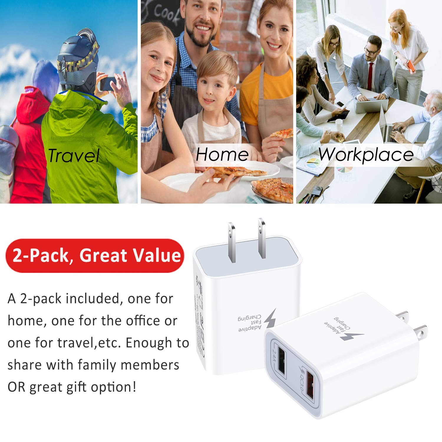 Pofesun 30W Dual Port USB Wall Charger - 2 Pack Fast Charging Block with QC3.0 Technology for iPhone 15/14/13/12/11/Pro Max/XR/XS/8, iPad, Samsung Galaxy & Google Pixel - White | Perfect for Home, Office & Travel Charging
