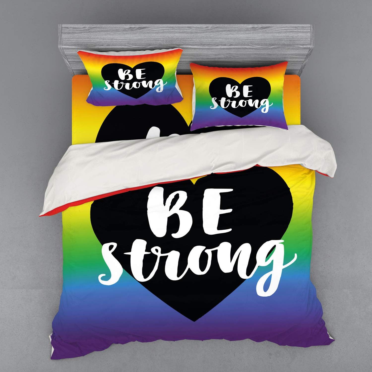 Ambesonne Pride Bedding Set - 4 Piece King Size Duvet Cover with Shams & Fitted Sheet, Be Strong Gay Parade Slogan Design in Multicolor - LGBTQ+ Equality Love Theme for Bedroom Decor | Perfect for Pride Month Celebrations, Guest Rooms & Themed Events