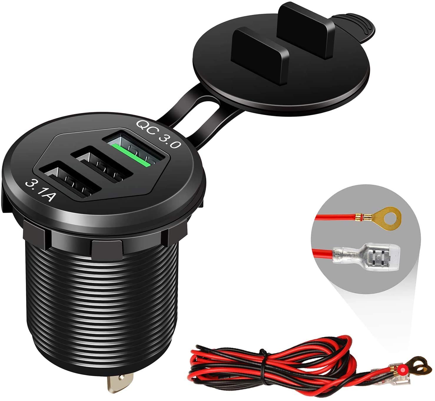 Fast Charging 35W QC3.0 Car Charger with 3 USB Ports - 12V/24V Compatible for Cars, Trucks, Boats, ATVs & Golf Carts | Quick Charge 3.0 Technology | Aluminum Alloy Housing with Wire Fuse (Black) - Perfect for Road Trips, Camping & Marine Adventures